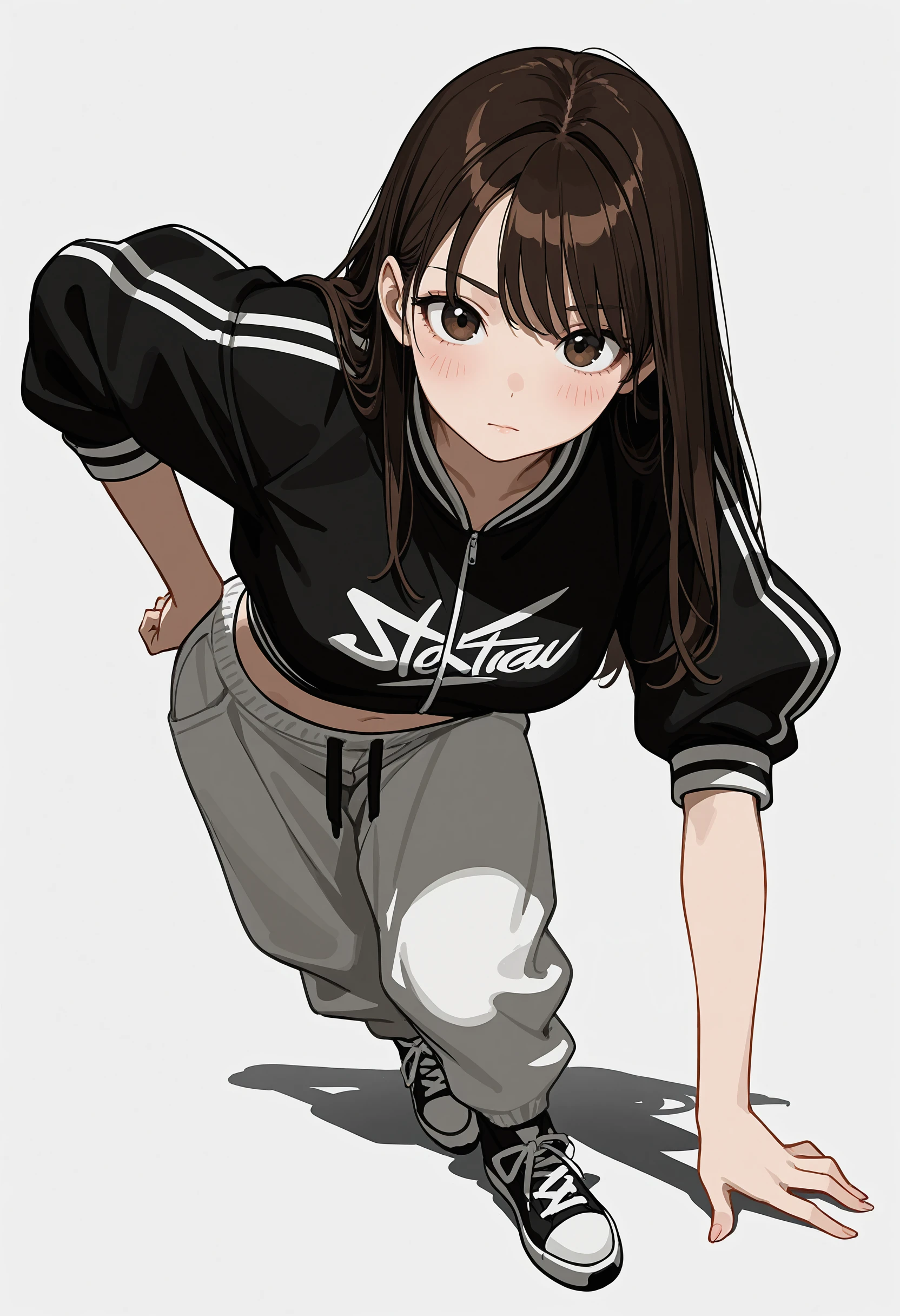 masterpiece, best quality, absurdres, very aesthetic, highres, very awa,
[realistic::0.25],
1girl, solo, dynamic pose,streetwear, baggy pants, cropped jacket, puffy sleeves, sneakers, bangs, looking at viewer, blush, simple background, brown hair, long hair, sleeves rolled up, white background, sketch, leaning forward, midriff peek, hand on own hip, reaching towards viewer, closed mouth, shadow,