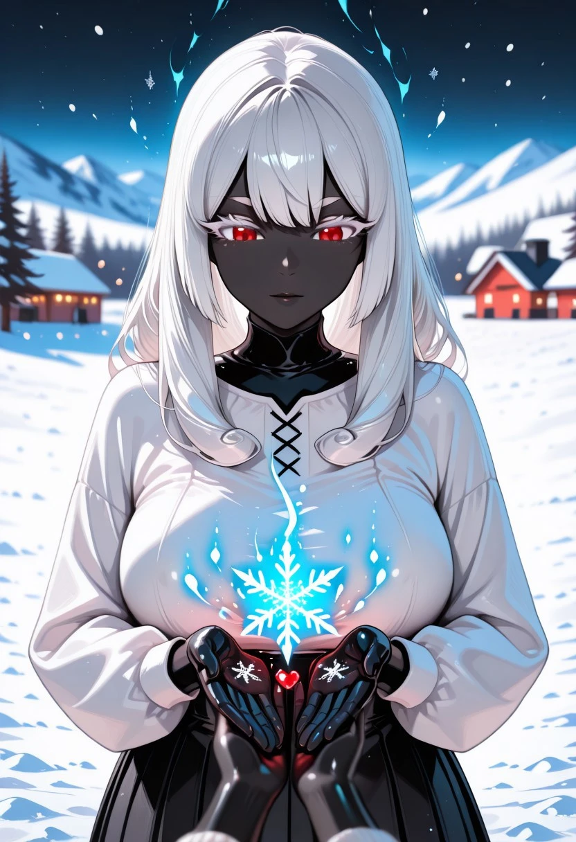 Red eyes, (Red eyes), long hair, waist-length hair, white bob haircut curly with bangs, Long hair, (yehda), Yehda, (Iron black skinned femele), Creating several snowflakes in his hands that form a heart,Iron black skinned femele, Long black pleated dress, Long hair, curly hair, Iron black skin female, Iron black skinned femele, (iron black skinned female), (long white bob haircut curly with bangs) iron_black_skinned_female, Dark_skinned_and_white_hair_female, White eyelashes, White eyebrows,, White eyelashes, breasts covered by dress, covered breasts, masterpiece, best quality, mature female, lazympos, ambient occlusion, depth of field, pov, lifts, snow,, magic glowing aura, 1girl, best quality, depth of field, Midnight, amazing quality, 8K, newest, very aesthetic, slopes, ski resort, blurry background, spring, absurdres