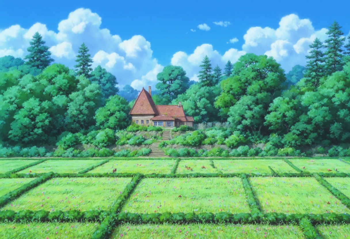 Au_cncpt. The image is a vibrant, highly detailed painting in the style of Japanese anime, specifically resembling works from Studio Ghibli. It depicts a serene rural scene under a clear, bright blue sky filled with fluffy white clouds. The central focus is a small, quaint house with a steep, red-tiled roof and a wooden structure, partially hidden behind a lush green hedge. The house is situated on a small, manicured lawn with a garden in front, surrounded by a dense, leafy canopy of trees.

In the foreground, there are meticulously plowed, green fields arranged in a geometric pattern, indicating a well-maintained agricultural landscape. The fields are separated by narrow waterways, suggesting a terraced paddy field system. The lush greenery and the clear, vibrant colors of the fields contrast beautifully with the deep blue sky and the lighter, fluffy clouds.