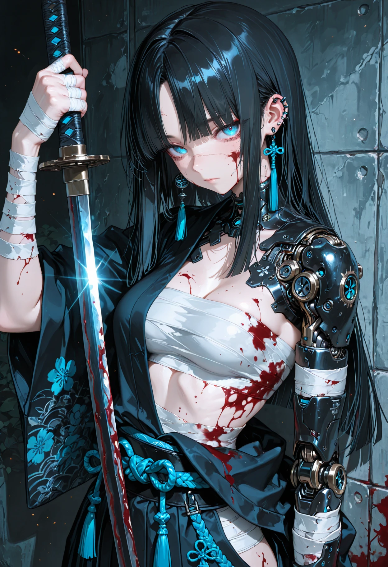 1girl,
weapon, sword, black hair, solo, katana, long hair, blood, blue eyes, breasts, sarashi, looking at viewer, earrings, bandages, piercing, ear piercing, jewelry, blood on face, bangs, mechanical parts, blood on clothes, japanese clothes, chest sarashi, tassel, single earring, mechanical arms, medium breasts, parted bangs, blunt ends, holding weapon, asymmetrical sleeves, bandaged arm, cyborg, holding sword, closed mouth, holding,
masterpiece, best quality, very aesthetic, newest, absurdres, safe
<lora:NoobV065sHyperDmd:1>
masterpiece,best quality,amazing quality,very awa,absurdres,newest,very aesthetic,