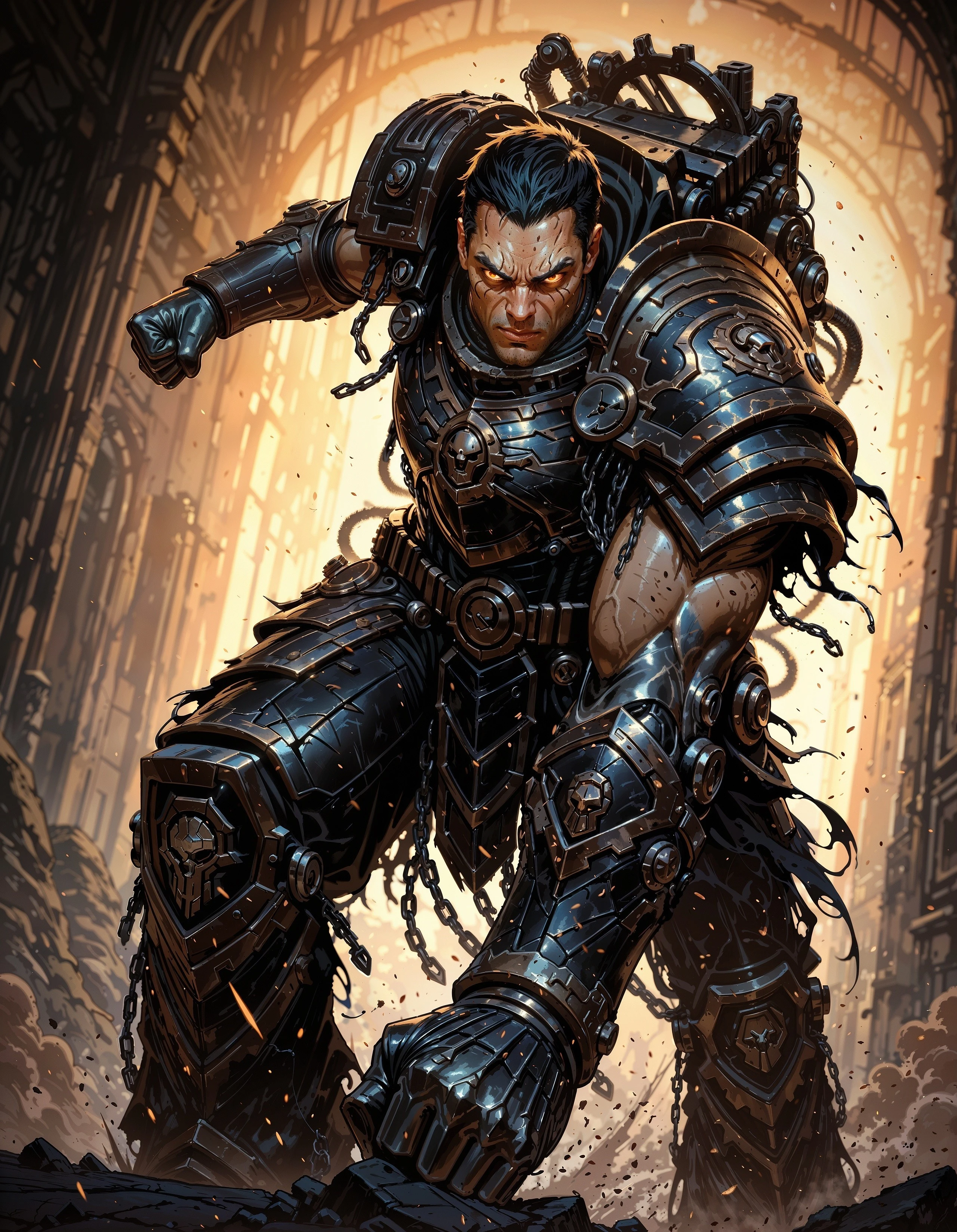 masterpiece, best quality,high quality, newest, highres,8K,HDR,absurdres, 1boy, solo, iLLFerrusM40k, armor, metallic arms, in a forge, punching, limited palette, intense expression, dynamic pose, dramatic lighting, strong depth of field, torn fabric, gritty realism, cinematic shot, dutch angle, foreshortening, blurred background, dust particles., detailed background, dynamic pose, dynamic composition,dutch angle, detailed backgroud,foreshortening,blurry edges, <lora:iLLFerrusM40k:1> <lora:iLLMythM4gicalL1nes:0.8> M4gicalL1nes