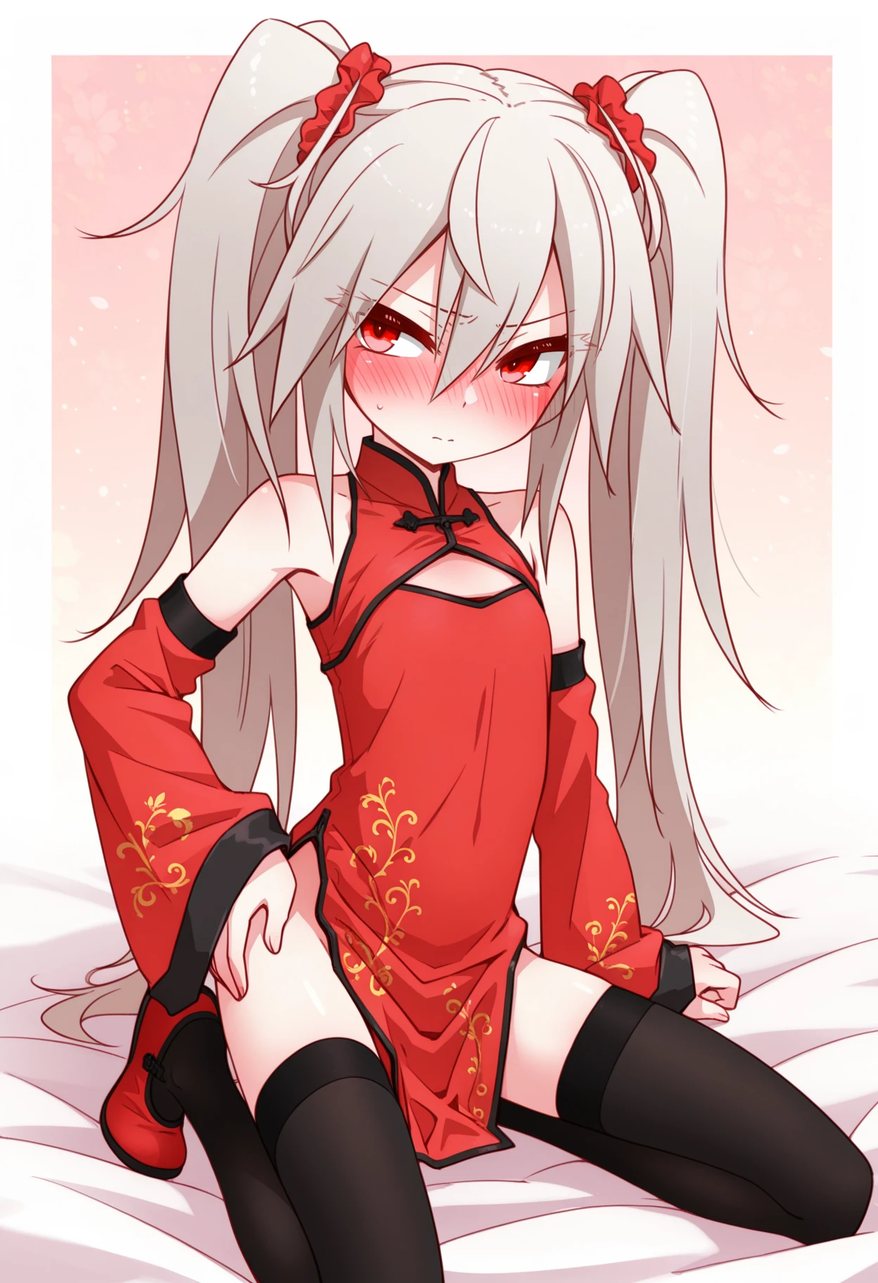 NSFW, Mutsuki, Mutsuki_Blue_Archive, long hair, white hair, playful, smug, sweaty, bright smile, flat breasts, small breasts, dress, red dress, teasing, giggle, upskirt, lifting dress, no panties, cunny, pussy, sticky