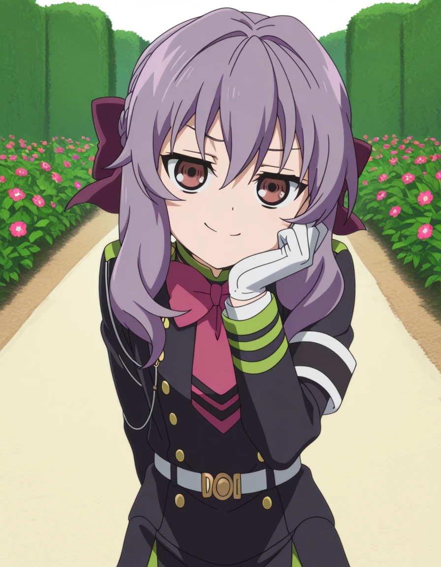 masterpiece, best quality, amazing quality,, <lora:shinoa-hiiragi-s2-illustriousxl-lora-nochekaiser:1>, shinoa hiiragi, hiiragi shinoa, long hair, bow, brown eyes, purple hair, hair bow, anime screencap, white gloves, uniform, military, military uniform,, head rest, smug, garden, flowers, path, plants, tranquil, cowboy shot, solo, looking at viewer, <lora:transparent-background-illustriousxl-lora-nochekaiser:1>, transparent background, simple background, white background