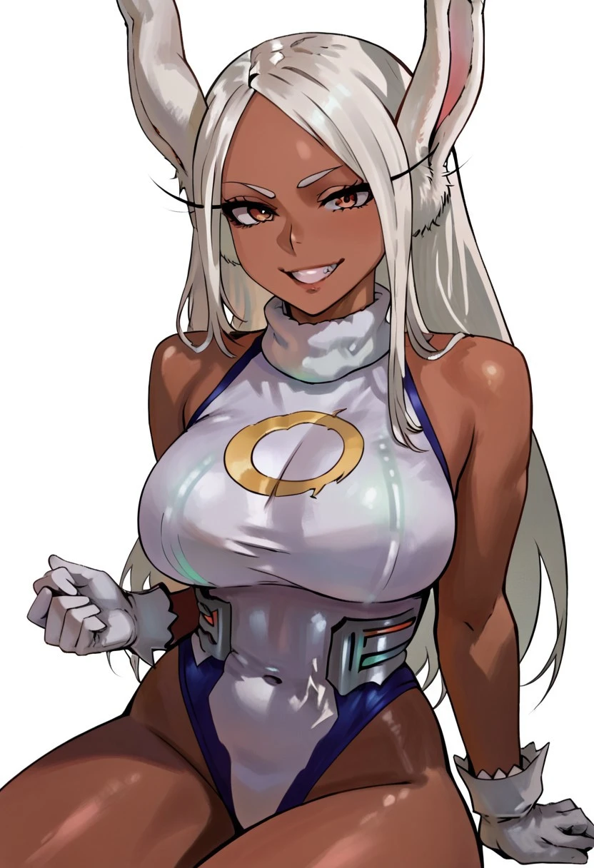 score_9, score_8_up, score_7_up, score_6_up, score_5_up, score_4_up, source_anime, <lora:confetti-extract- ponyxl:0.85>, detailed eyes, easynegative, rating_explicit, Expressiveh, 1girl, solo, boin, lips, large breasts, smiling at viewer, big breasts,
mirko,1girl,solo,breasts,large breasts,mature,dark-skinned female,animal ears,rabbit ears,dark skin, long hair,rabbit girl,smile,clenched_teeth, gloves,sleeveless turtleneck leotard,leotard,sleeveless,turtleneck,crescent print,highleg leotard, wide hips, grinning, smug face