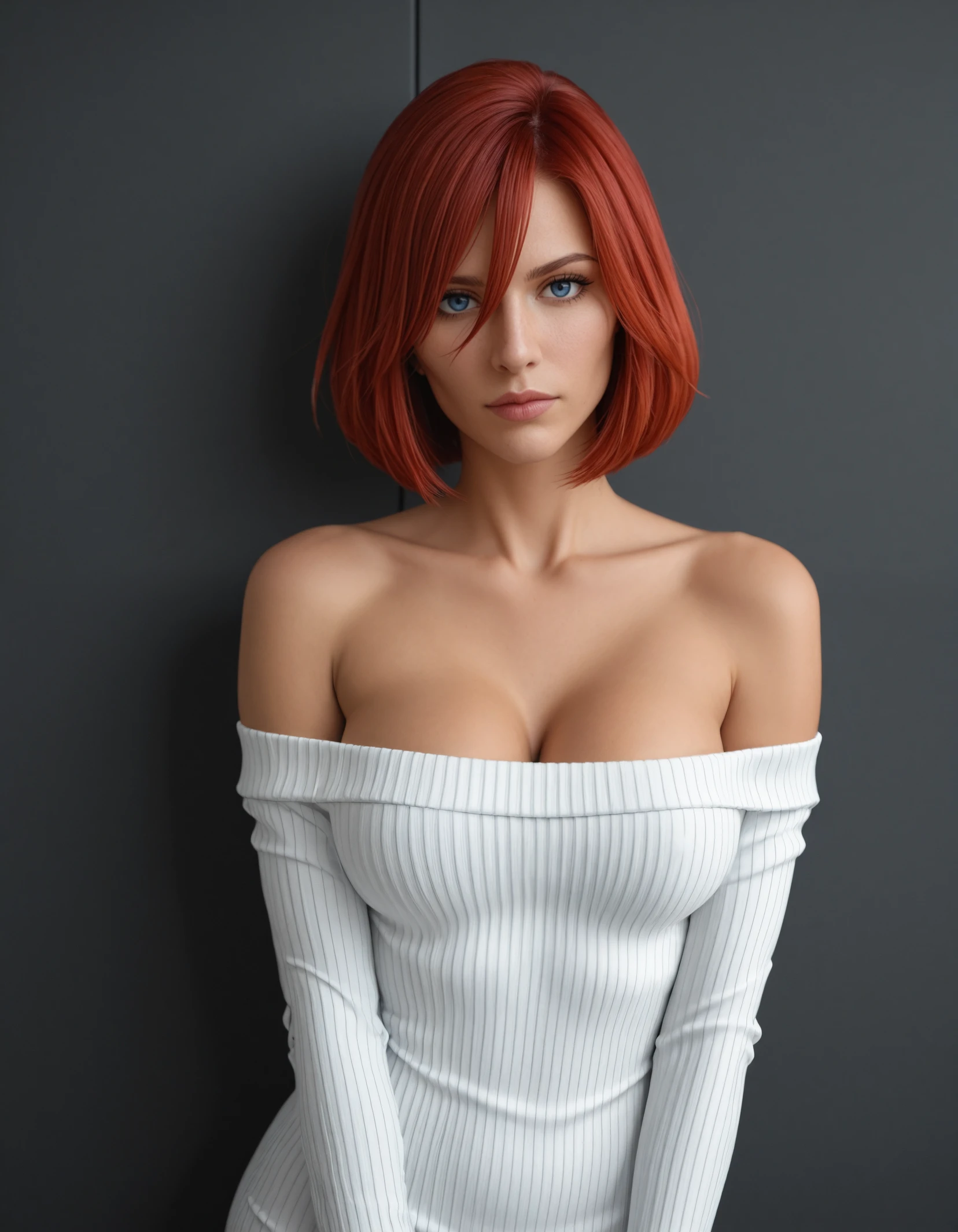 Caucasian woman, short red hair, 20 years old, slender, high cheek bone, rounded face, beauty mark on left cheek, medium tits, red sexy lips, blue eyes, glamour shot, promo shot, photo of a model, seductive look, diamond necklace