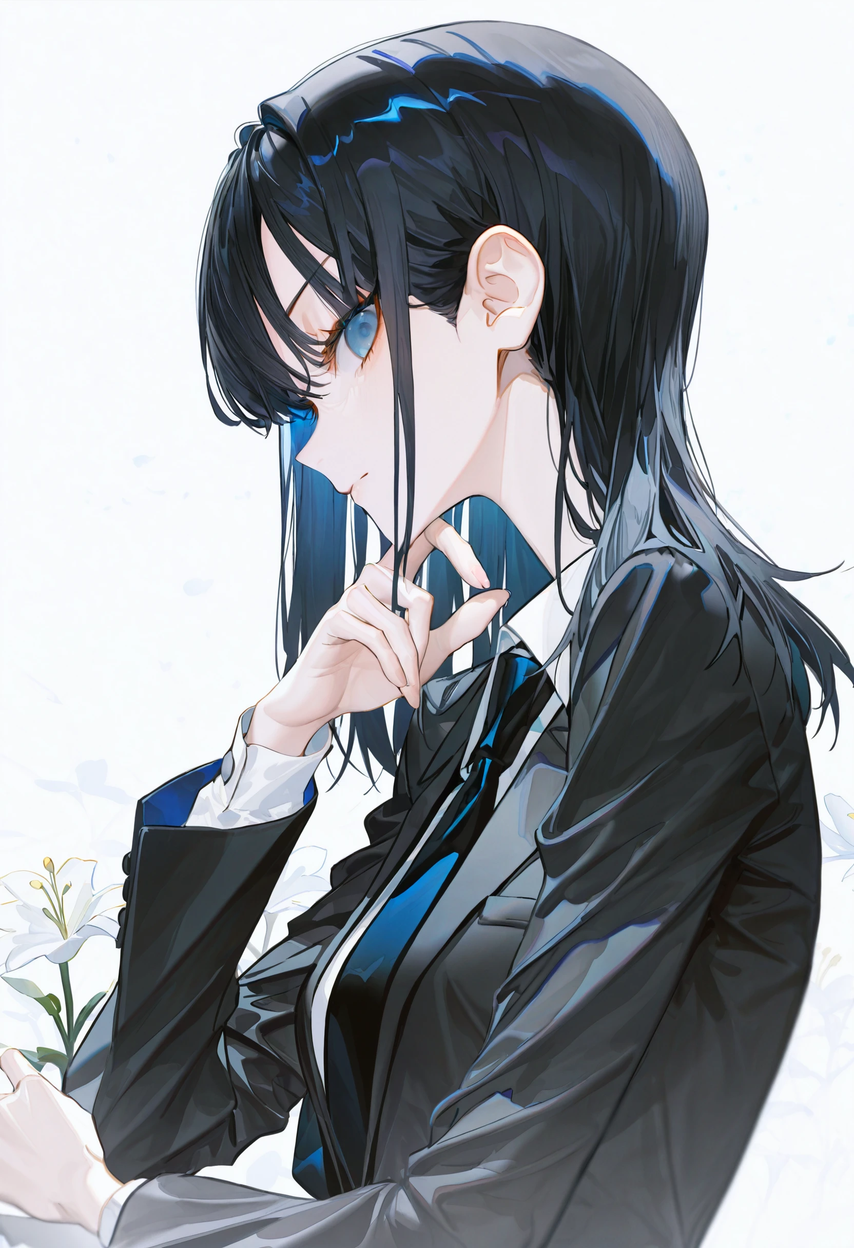 <lora:d2Fua2U=-illustriousXL_v01_V1-CAME-000045>, d2Fua2, 1girl, solo, black hair, simple background, necktie, white background, black necktie, collared shirt, shirt, looking at viewer, white shirt, black jacket, jacket, flower, long hair, upper body, blue eyes, profile, long sleeves, hand up, suit, sideways glance, medium hair, from side, formal, closed mouth, straight hair, hand on own chin, white flower