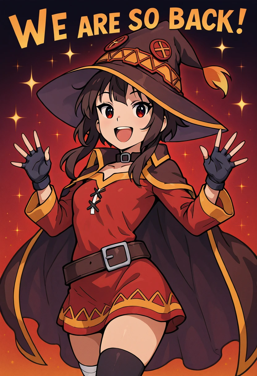 masterpiece, best quality, 1girl, solo, eyelashes, (beautiful eyes), We4reSoB4ck, text, medium breasts, (curvy), megumin, solo, looking at viewer, smile, red eyes, black hair, short hair with long locks, thighhighs, gloves, witch hat, red dress, black gloves, belt, black thighhighs, fingerless gloves, cape, collar, dramatic pose, (upper body), smile, teeth, :D, gradient background, ,<lora:We4reSoB4ck_IXL_v1:1.0>,