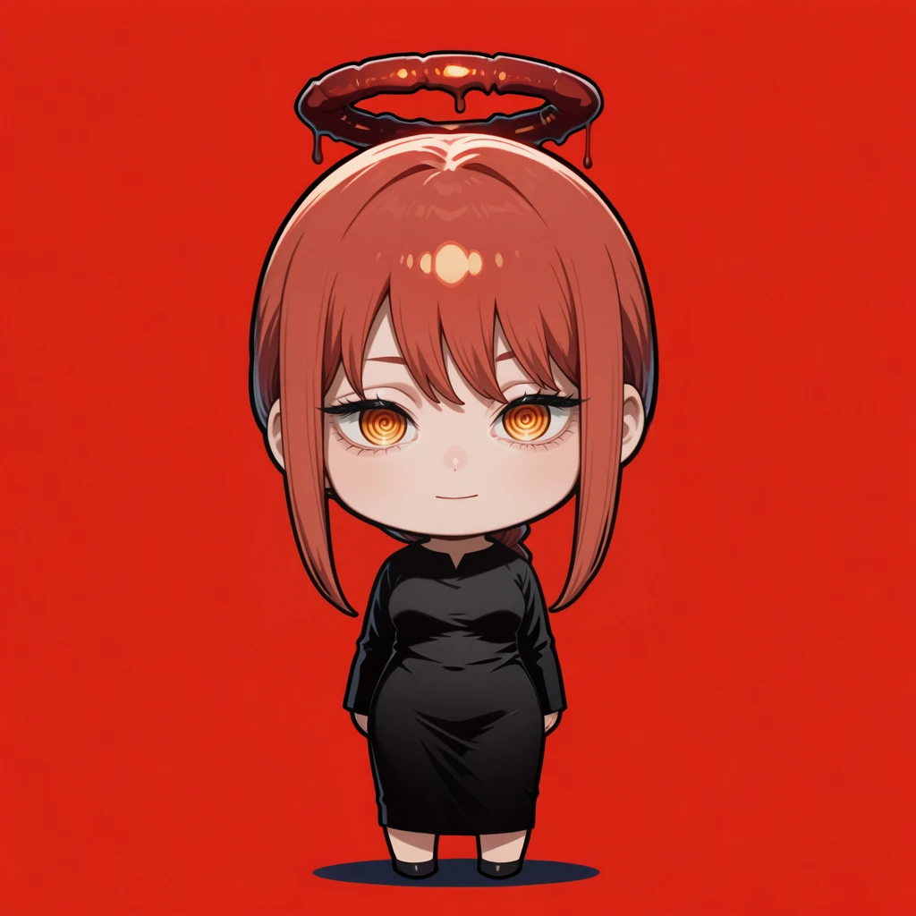 masterpiece,best quality, <lora:Makima:1>, solo, makima, makima \(chainsaw man\), red hair, yellow eyes, ringed eyes, black dress, blood halo, looking at viewer, ((chibi)), chibi only,