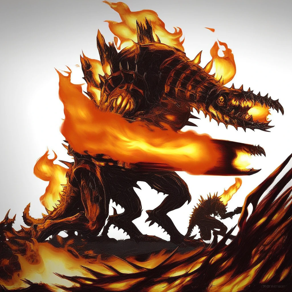 Legion of demons torturing people, hellish environment, fire and skulls on the ground