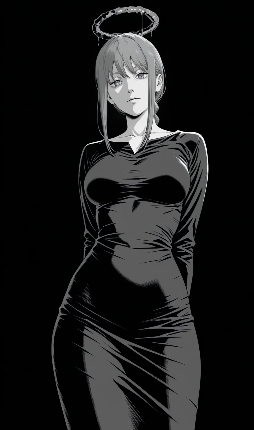 masterpiece,best quality, mature female, <lora:Makima:1>, solo, makima, makima \(chainsaw man\), ringed eyes, black dress, blood halo, monochrome, standing, manga style,