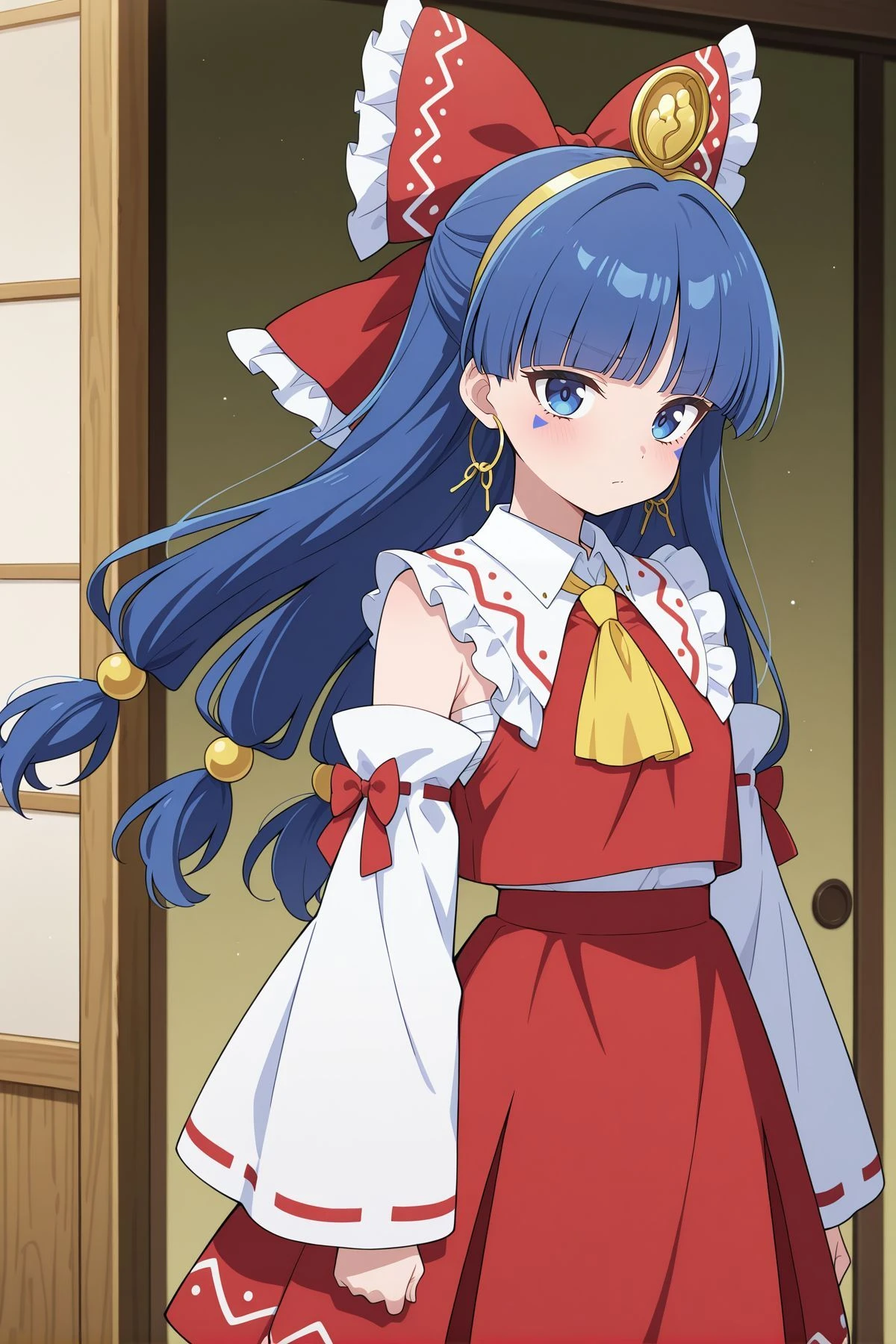 absurdres, highres, masterpiece, best quality, amazing quality, official anime artwork, screencap, anime screencap,
<lora:Nareko-Michigami_Illustrious:1> michigami nareko, 1girl, solo, blue eyes, blue hair, low-tied long hair, blunt bangs, triangle facial mark,, gold headdress, hair ornament, hoop earrings, <lora:Reimu-Hakurei_IllustriousV2:0.5> hakurei reimu (cosplay), hair bow, hair tubes, frilled bow, yellow ascot, red shirt, ribbon-trimmed detached wide sleeves, red skirt,