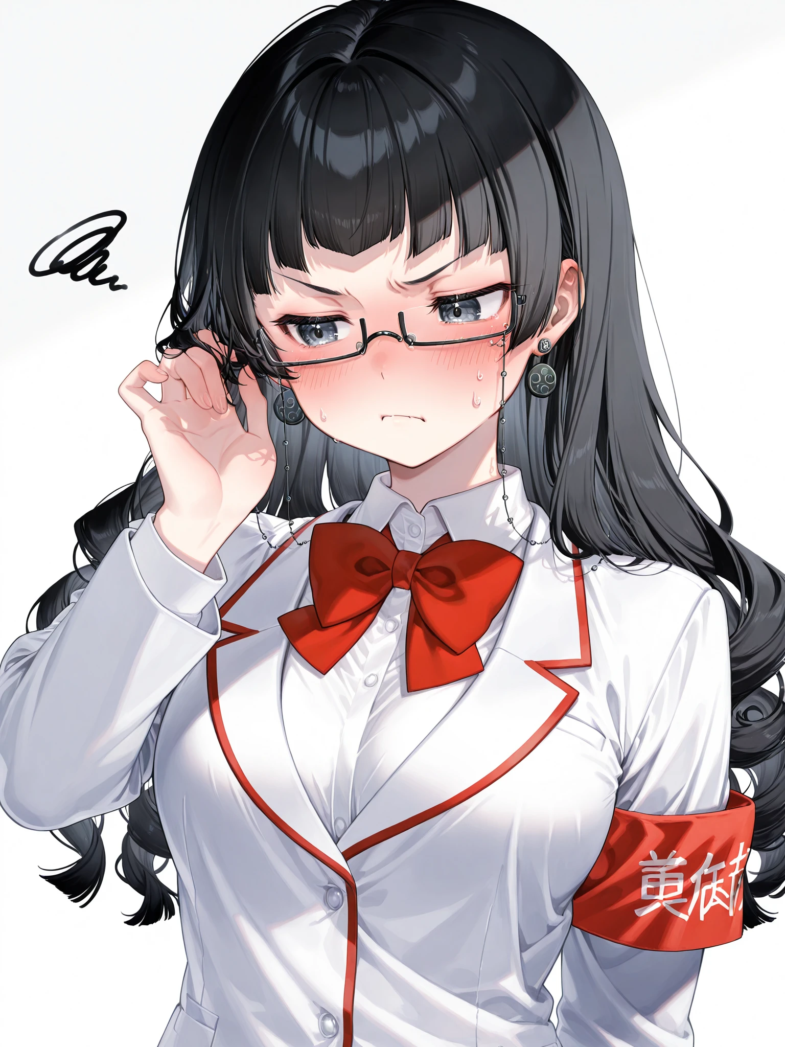 siiqa vivi, shuri \(84k\), <lora:spo_sdxl_10ep_4k-data_lora_webui:0.5><lora:cfg_scale_boost:0.9>
<lora:Kuroko2XL:1> Kuroko_YS, 1girl, long hair, black glasses, earrings, eyewear strap, solo, blunt bangs, black hair, black eyes, medium breasts, white school uniform, red bowtie, red armband, upper body, flustered, annoyed, curly hair, hand in own hair, alternate hairstyle,
masterpiece, best quality, amazing quality, very aesthetic, absurdres, newest,