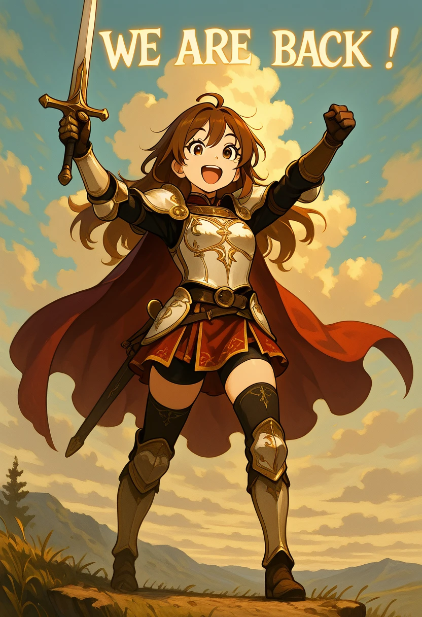 masterpiece, best quality, 1girl, solo, eyelashes, (beautiful eyes), We4reSoB4ck, 1girl, solo, long hair, looking at viewer, smile, open mouth, bangs, brown hair, thighhighs, gloves, holding, hair between eyes, brown eyes, standing, full body, weapon, ahoge, :d, boots, outdoors, sky, shorts, teeth, belt, sword, black thighhighs, cloud, cape, holding weapon, armor, arm up, upper teeth only, holding sword, black shorts, bike shorts, shoulder armor, gauntlets, clenched hand, breastplate, red cape, armored boots, greaves, shorts under skirt, knight ,<lora:We4reSoB4ck_IXL_v1:1.0>,