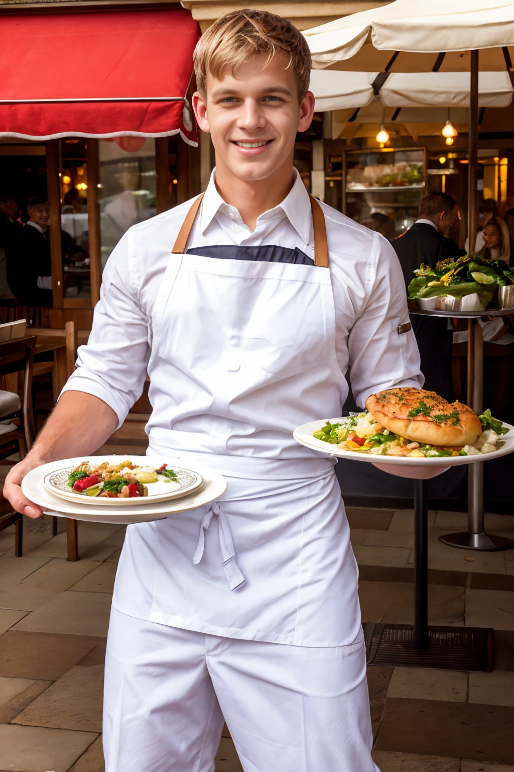 busy bistro cafe, busy restaurant, outdoor cafe table in Prague, beautiful partly cloudy day, LukeHamill is a happy waiter, wearing white dress shirt, tan pants, dress shoes, (waiter's apron), ((holding serving tray with plates of food)), smiling, ((full body portrait:1)), wide angle <lora:LukeHamill:0.8>