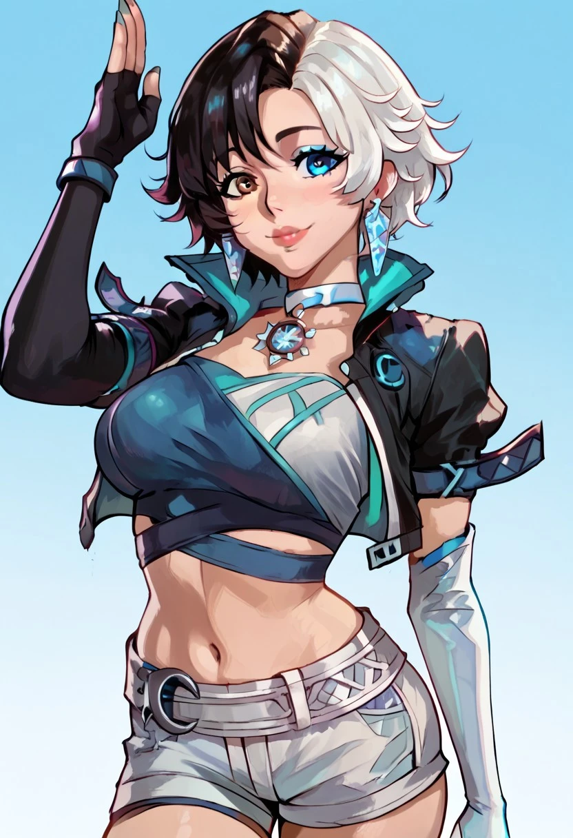 score_9, score_8_up, score_7_up, score_6_up, score_5_up, score_4_up, source_cartoon, <lora:confetti-extract- ponyxl:0.85>, detailed eyes, easynegative, rating_explicit, Expressiveh, 1girl, solo, boin, lips, large breasts, smiling at viewer, big breasts, close up
lunafrost, luna snow, mrlunasnow, short hair, split-color hair, heterochromia, jewelry, white choker, cropped jacket, black jacket, blue crop top, mismatched fingerless elbow gloves, single crystal glove, blue nails, midriff, white shorts,