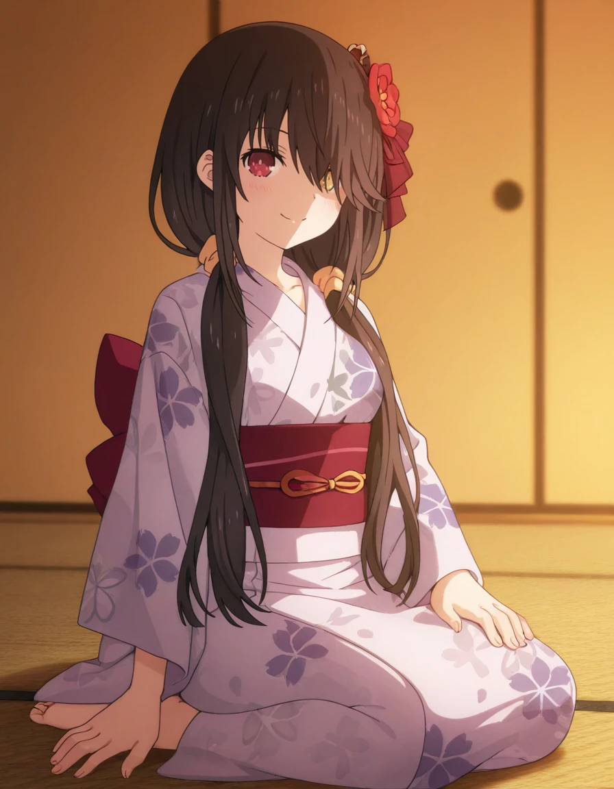 masterpiece, best quality, amazing quality, gradient background,
1girl, solo, looking at viewer, soft lighting,
seiza, wariza, barefoot, tatami,
<lora:kurumi_tokisaki-date_a_live_s4~s5-ixl-anime-soralz:1>, kurumi tokisaki (date a live), long hair, black hair, teasing, smile,
sidelocks, hair over one eye, red eye, <lora:yukata_noobep_V1.0:0.7>, jyojifuku, yukata, kimono, floral print, hair ornament, obi, wide sleeves