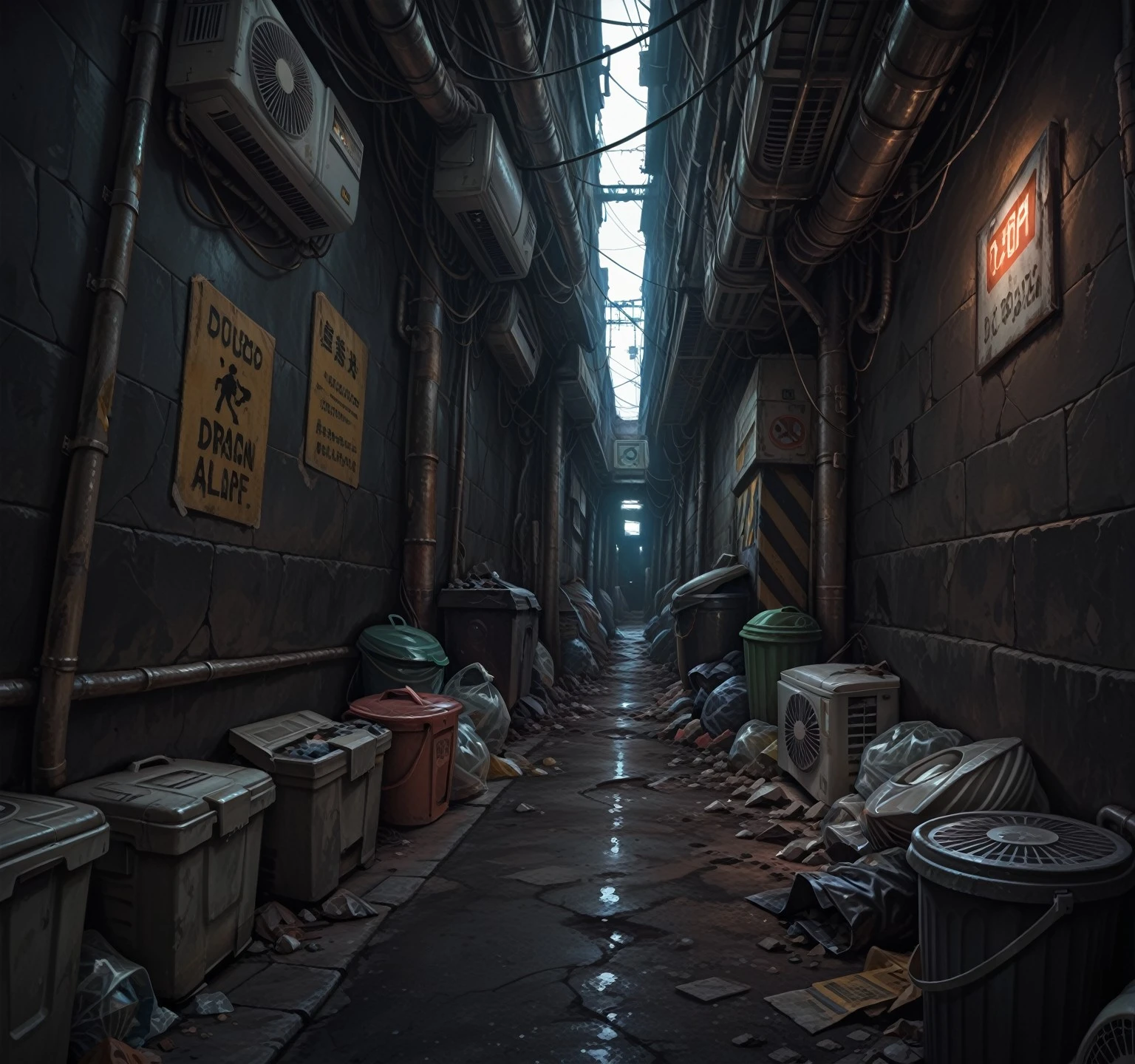 (masterpiece, best quality), realistic, (narrow alley), scenery, ((indoors)), underground, dark theme, sign, power lines, trashcans, ((trash, clutter)), day, air conditioner:0.6, dynamic angle,<lora:BackAlley_illustrious-10:0.9>