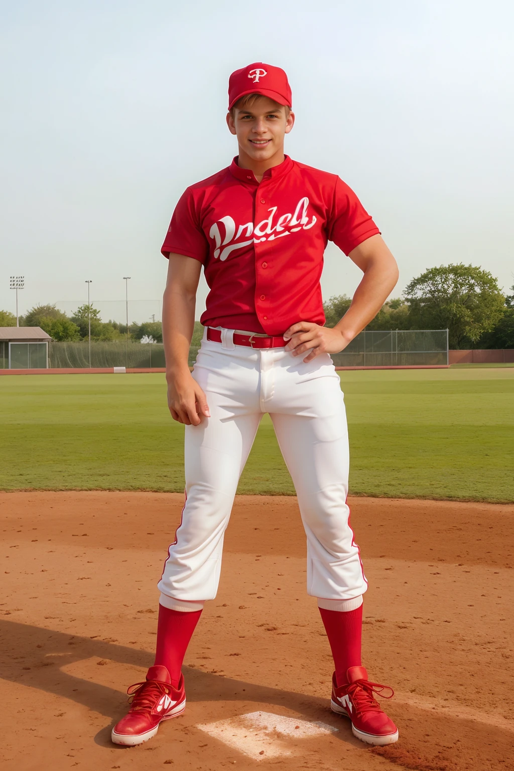 baseball field, standing, grass, LukeHamill is a baseballplayer, baseball uniform, (red jersey:1.3), (white pants:1.3), (red socks), red baseball cap, (long socks), mitt, slightly smiling, (sneakers), ((full body portrait)), wide angle <lora:Clothing - Sexy Baseball Player:0.5> <lora:LukeHamill:0.75>