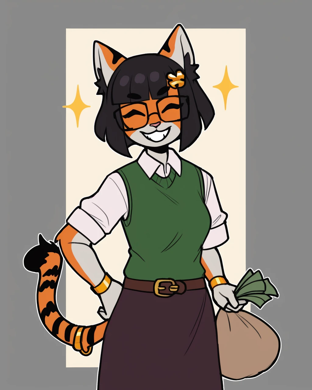 score_9_up, score_8_up, score_7_up, score_6_up, by remanedur, half-length portrait, female, black hair, cat, tail, medium breasts, eyes closed, hair accessory, tail bracelet, hair ornament, tiger tail, shirt, sweater vest, panty hose, skirt, gold wristwatch, bracelet, belt, furry, bangs, square glasses, short hair, looking at viewer, money, money bag, holding money, grin, happy, head tilt, solo, three-quarter view, simple background, white outline, <lora:Leah_Pines(AIM)_XL_v1:0.15> <lora:PDXL_artist_tags_v2_big:0.5> <lora:The-Minuscule-Task_PDXL_v1.0:0.6> <lora:Kaede_murninatair:0.7>