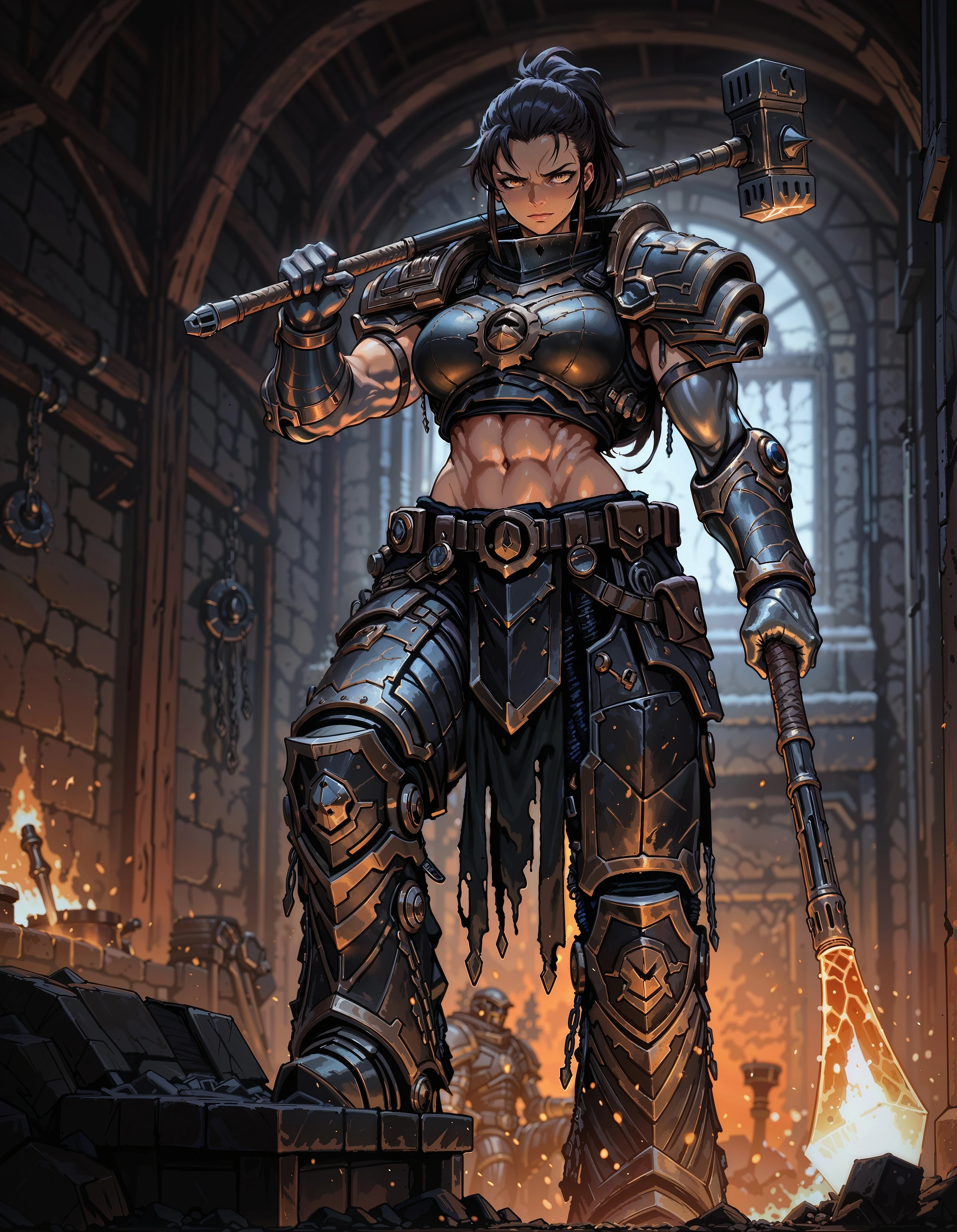 masterpiece, best quality,high quality, newest, highres,8K,HDR,absurdres, 1girl, solo, blacksmith, fit, toned, iLLFerrusM40k, armor, metallic arms, holding a hammer, in a forge, detailed background, <lora:iLLFerrusM40k:1> <lora:iLLMythM4gicalL1nes:0.8> M4gicalL1nes
