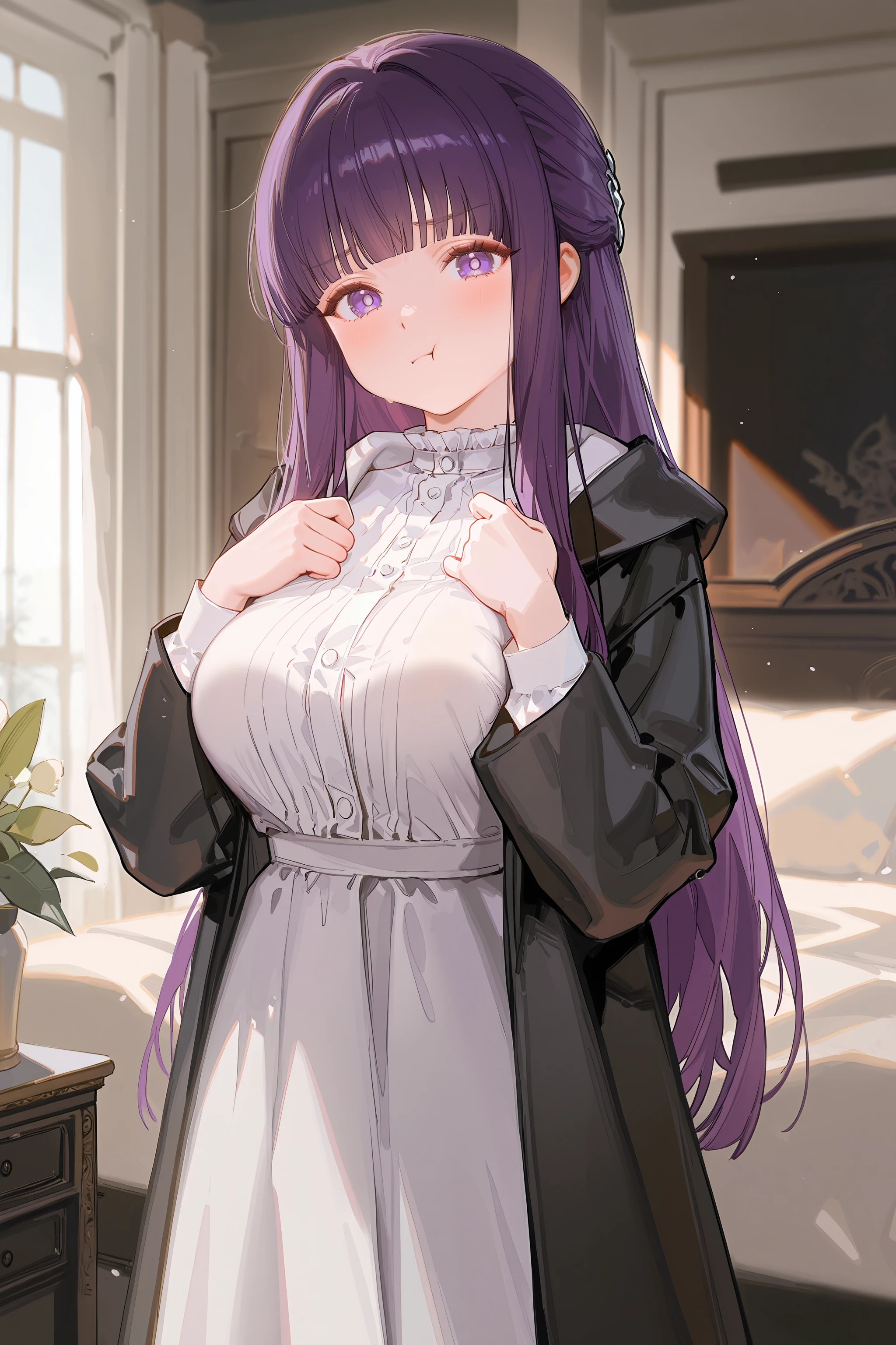 1girl, fern \(sousou no frieren\), solo, large breasts, black coat, long white dress, cowboy shot, breasts squeezed together , hands on own chest, large breasts, pout, :t, looking at viewer, blush, bedroom, depth of field <lora:Char-Fern-IL-V1:0.8:hr=0.6>, ciloranko, alphonse \(white datura\), ask \(askzy\), gomzi, you shimizu
masterpiece, best quality, amazing quality, very aesthetic, absurdres, newest, (scenery, volumetric lighting), ray tracing, (bloom:1.4), cinematic