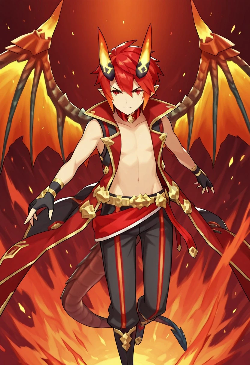 Masterpiece, best quality, 1boy, solo, male focus, foreshortening, arwe, dynamism, dragalia, elemental, energy, pyro, flames, particles BREAK
prometheus, dragalia lost, 1boy, male focus, solo, dragon, dragon boy, red hair, red eyes, red horns, 1boy, dragon tail, red hair, horns, dragon wings, wings, male focus, pointy ears, dragon boy, fire, dragon horns, red eyes, tail, gloves, solo, fingerless gloves, This is a digital drawing in a vibrant, anime-style, showcasing a fantastical character. The character is a young, androgynous figure with short, spiky red hair and sharp, pointed ears. They have a slender, athletic build and are depicted with an ethereal glow, suggesting supernatural abilities. The character's skin appears to be a warm, glowing complexion, blending with the fiery elements around them.
