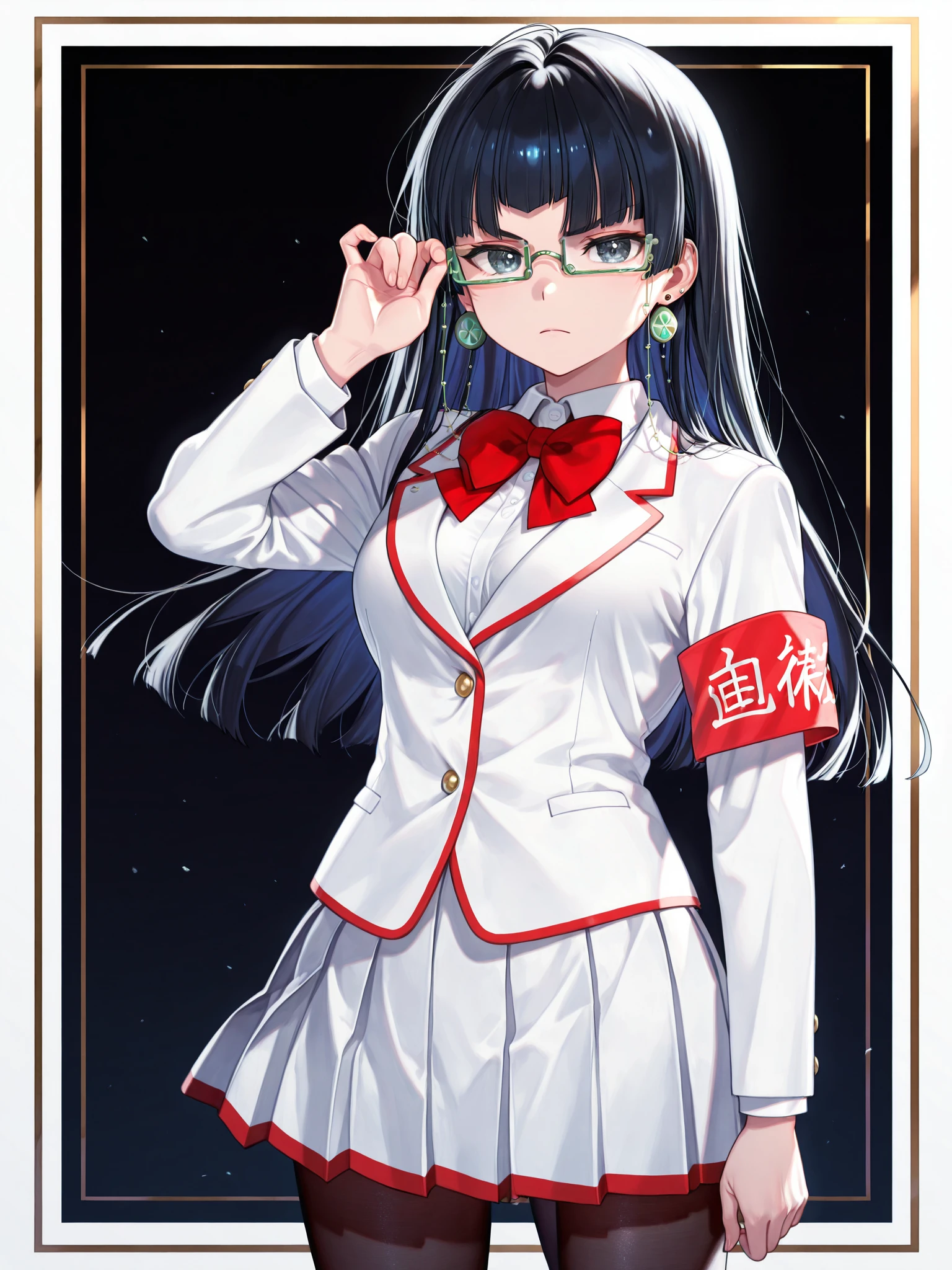 siiqa vivi, shuri (84k) <lora:Kuroko2XL:1> Kuroko_YS, 1girl, long hair, black eyes, whit, white school uniform, red bowtie, red armband, pleated skirt, green glasses, earrings, eyewear strap, solo, serious, blunt bangs,
masterpiece, best quality, amazing quality, very aesthetic, absurdres, newest, lazypos, medium breasts, gradient background, <lora:retrocute:1>, inset border, cowboy shot, looking at viewer, adjusting eyewear, <lora:cfg_scale_boost:0.9>, black pantyhose, simple background,