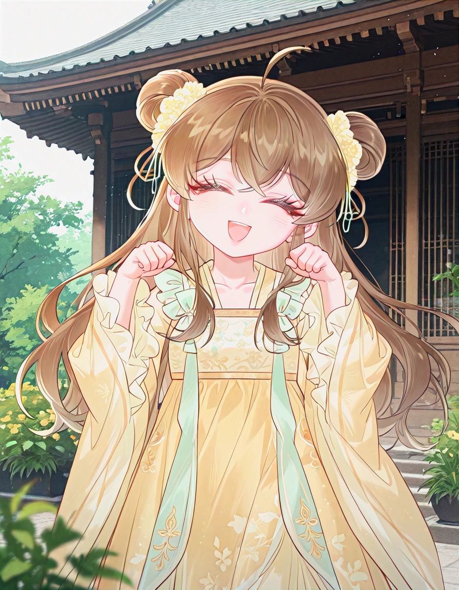 masterpiece, best quality, anime coloring, contorapposto, <lora:LECO_BadHands:1.5>, <lora:eyelashext_v10:0.6>, <lora:thick_eyelashes_illustrious_20K-000017:0.4>, thick eyelashes, lipgloss, [photo background::0.5], blurry foreground BREAK 1girl, jiujiu, hair ornament, hair flower, double bun, yellow hanfu, embroidery, frill, wide sleeves, smile, open mouth, closed eyes, head tilt, looking at viewer, paw pose,  cowboy shot, hands up, east asian architecture, garden, <lora:jiujiu-dim16-000019:1>
