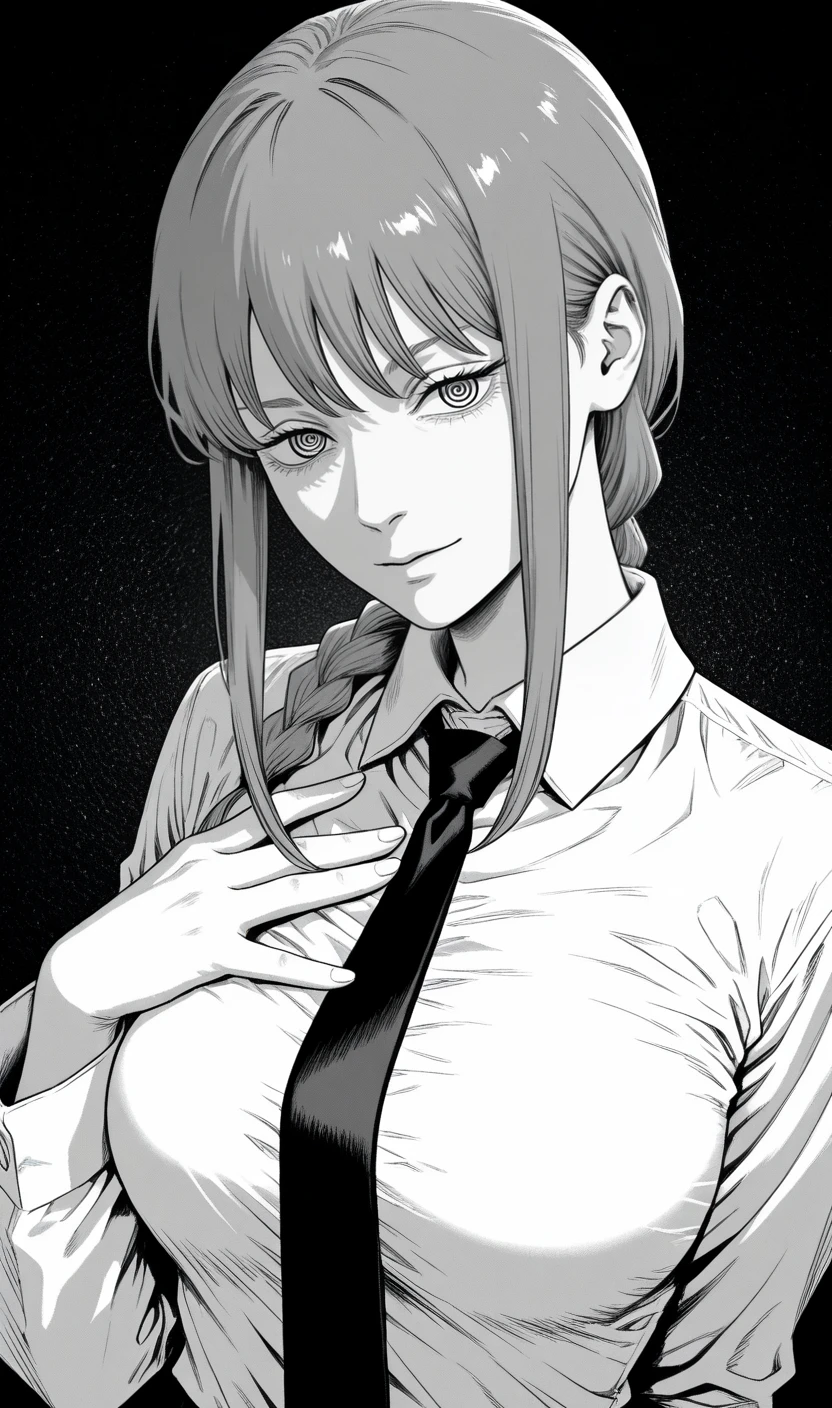 masterpiece,best quality, mature female, <lora:Makima:0.9>, solo, makima, makima \(chainsaw man\), ringed eyes, manga style, monochrome, white shirt, black necktie, hand on own chest, looking at viewer,