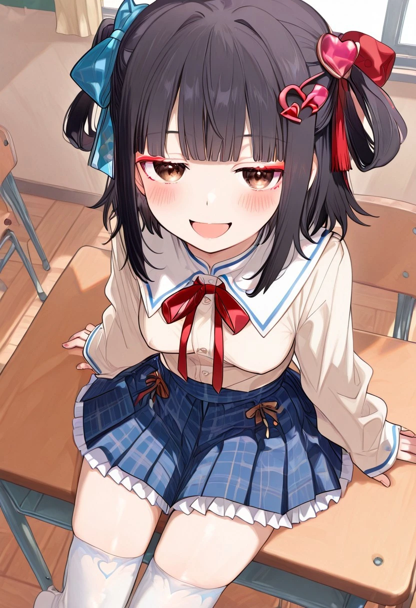 great quality,1girl,solo, (almic:0.9),(ogipote,akakura:0.8),(sofra,sincos:0.6),(karyln,momisan:0.9),flannel skirt, pleated white and blue skirt, white thighhighs,sleeves past wrists,hair bow,long sleeves,beige blouse,,blue bow, heart hair ornament, heart hair ornament, , zettai ryouiki, red ribbon,white sailor collar,white frilled skirt,smile,indoors,classroom,,brown eyes,res tassel hair ornaments,red tassel on sidelocks,red eyeliner,(jitome:0.8),(perky breasts:0.8),,looking at viewer, on desk,from above, sitting,black hair,dutch angle