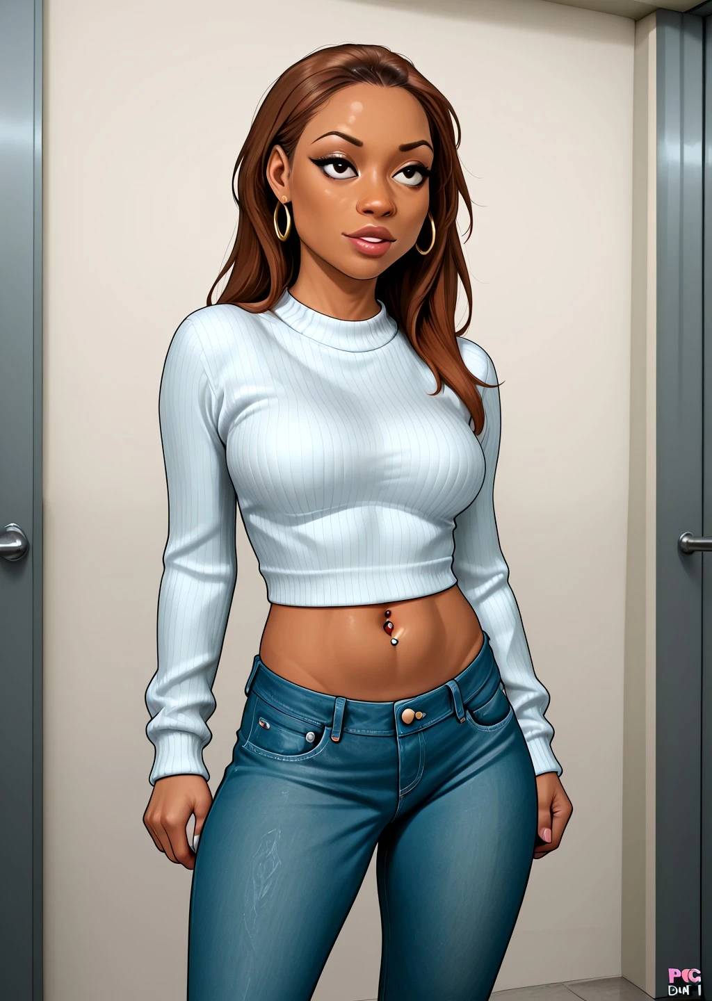 Beautiful woman with short black wavy hair with brown eyes wearing Jeans Tight Skirt With Leather Belt, Sexy Criss Cross Mock Neck Short Sleeves Shirt, luxurious jewelry, standing in a fitting room at night with legs open with her pussy marked (ebony skin), (lipstick), (elegant mascara), (slim body with abs), (small breasts) midjourney, <lora:GoodHands-, <lora:GoodLegs-, UHD, high resolution, (masterpiece:1.1, best quality), (expressive eyes, perfect face, full body, expressive face, perfect body, athletic, fit, slim body, blushing, Perfect makeup, eyeliner, beautiful eyelashes, smiling, horny face), ((best illumination, best shadows))