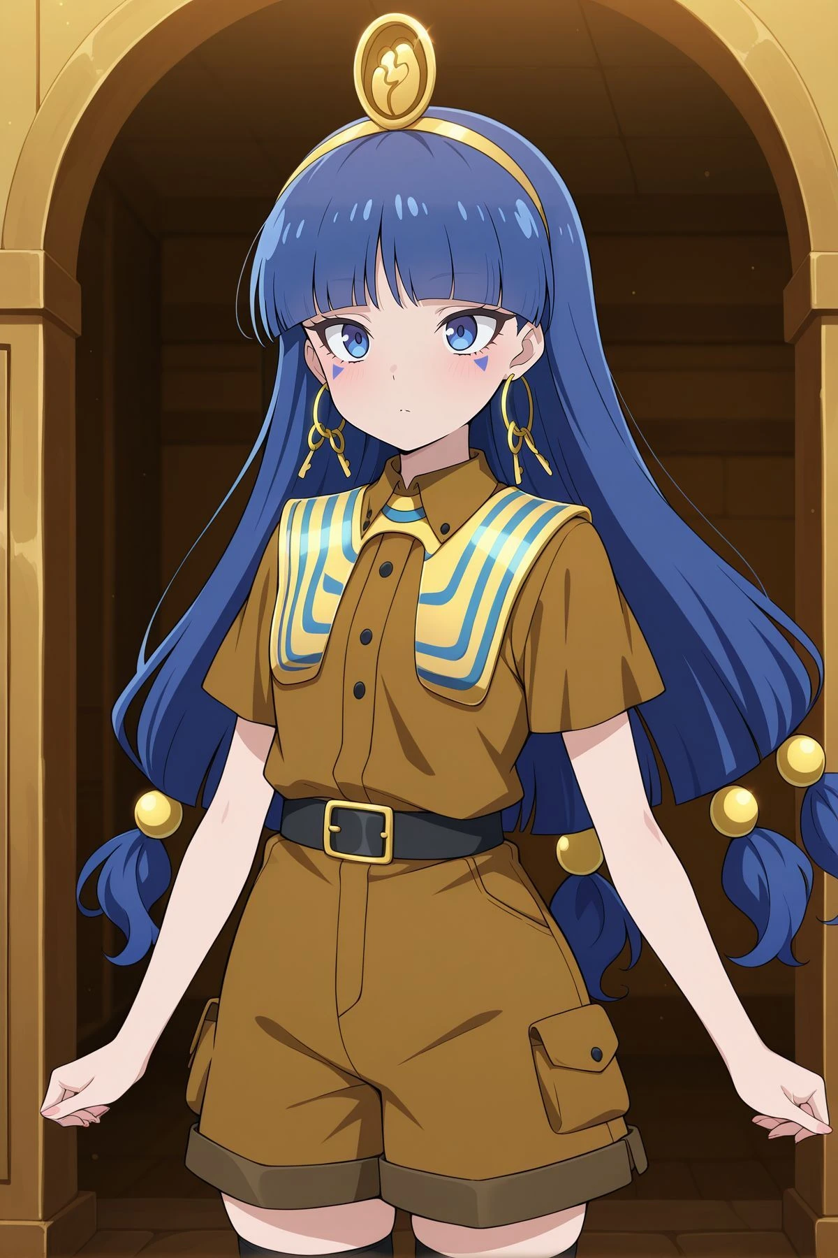 absurdres, highres, masterpiece, best quality, amazing quality, official anime artwork, screencap, anime screencap,
<lora:Nareko-Michigami_Illustrious:1> michigami nareko, 1girl, solo, blue eyes, blue hair, low-tied long hair, blunt bangs, triangle facial mark,, gold headdress, hair ornament, hoop earrings, usekh collar, gold jewelry, brown shirt, gold armlet, brown shorts, black thighhighs,