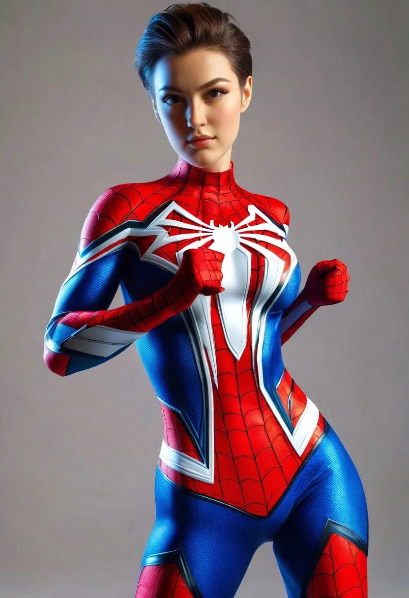 (high quality), (masterpiece), (detailed), 8K, Hyper-realistic illustration depicts (female superhero1.2) wearing (Spiderman costume1.2), showcasing (toned upper body1.2) with (-defined muscles1.2) and (confident expression1.2). (Vibrant colors1.2) of costume contrast with (dramatic shadows1.2) on (smooth skin1.2), highlighting (athletic physique1.2). In style of Stan Lee, trending on Marvel Comics. Shot with Canon EOS 5D Mark IV and Canon EF 50mm f1.2L USM lens.