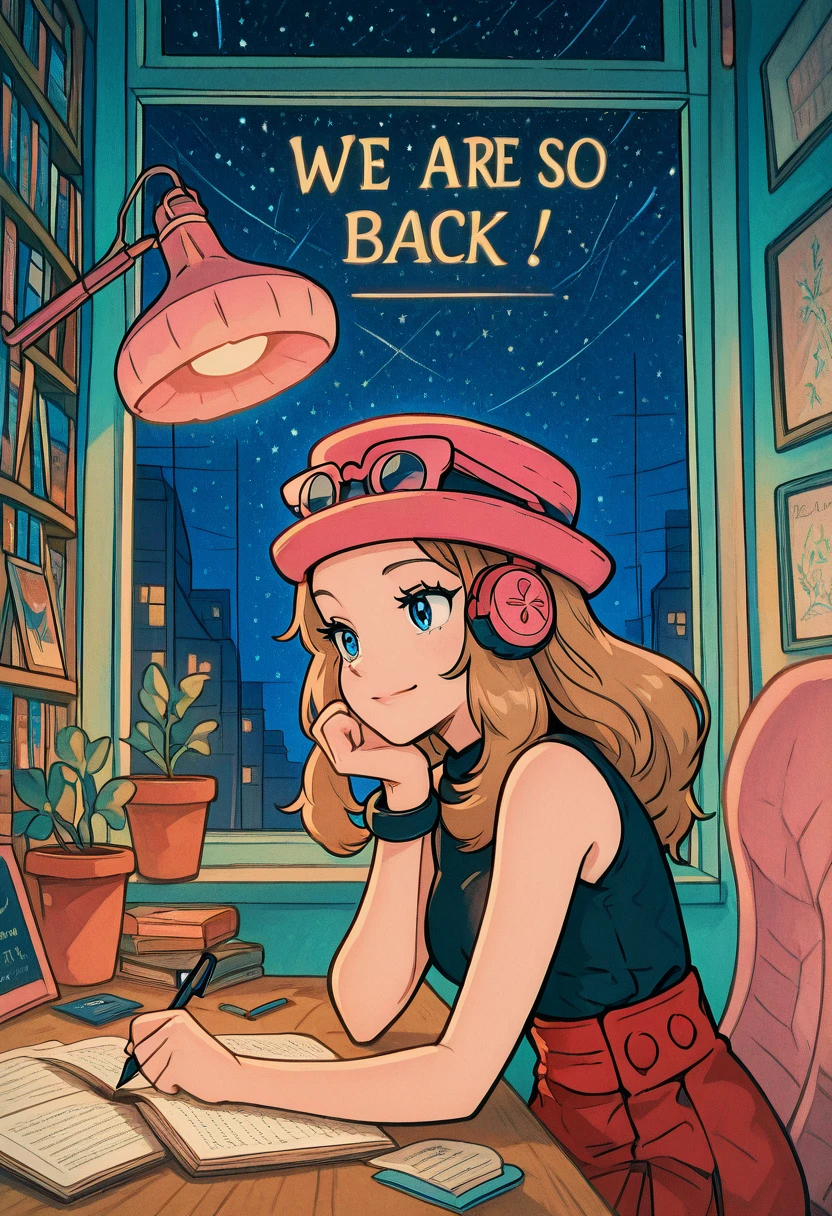 masterpiece, best quality, 1girl, solo, eyelashes, (beautiful eyes), We4reSoB4ck, text, ,<lora:We4reSoB4ck_IXL_v1:1.0>, lookig at viewer, smile, zzSerena, solo, long hair, blue eyes, eyewear on headwear, pink headwear, eyelashes, sleeveless shirt, black shirt, bracelet, high-waist skirt, <lora:SerenaPokemonIXL_v2:1.0>, zzLofi, sitting, side view, desk, chair, book, bookshelf, head rest, holding, holding pen, lamp, night, open book, pen, plant, potted plant, sky, star (sky), starry sky, window, windowsill, writing, , <lora:LofiGirl_Style_IXL:1.0>, (upper body),