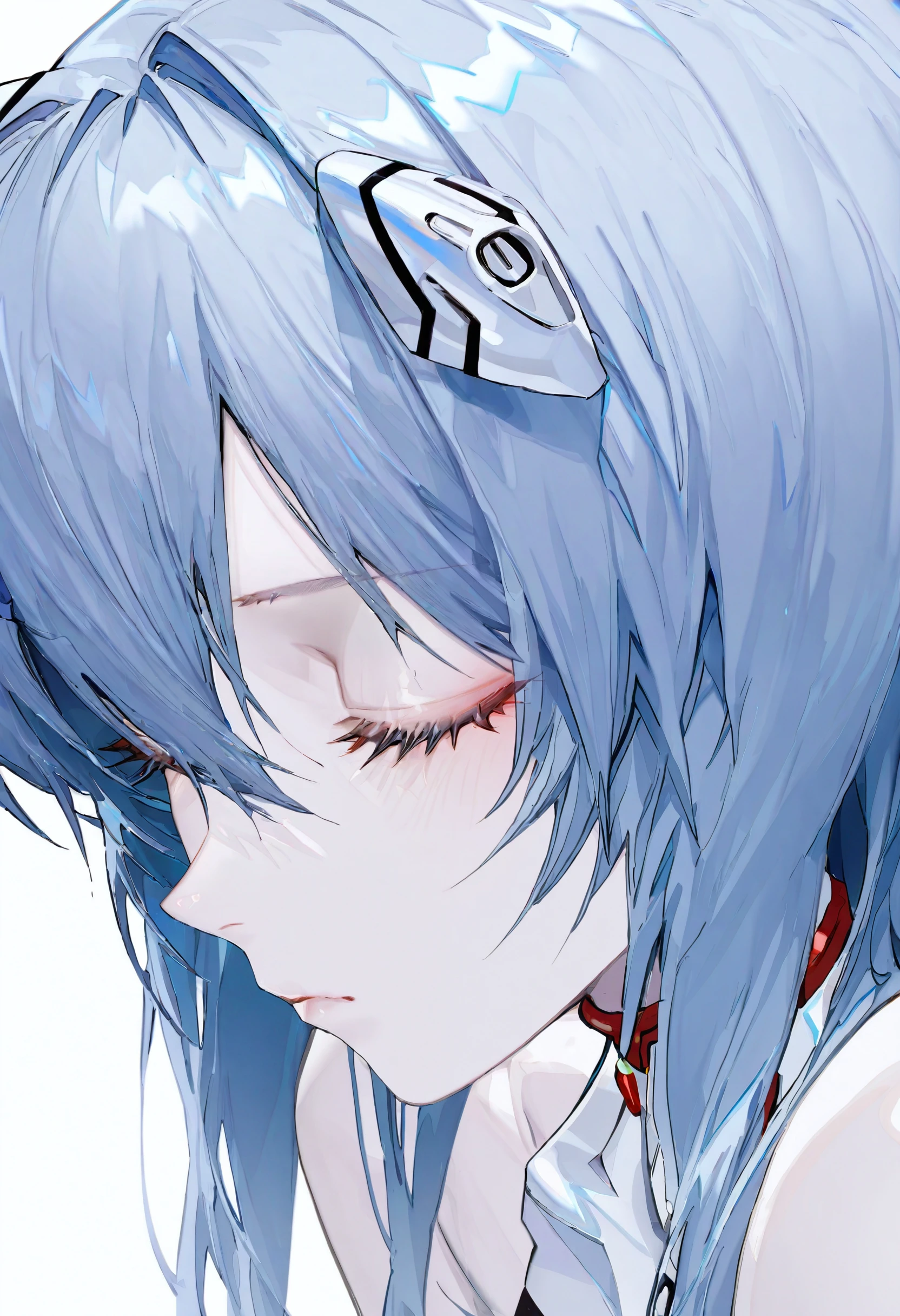 <lora:d2Fua2U=-illustriousXL_v01_V1-CAME-000045>, d2Fua2, ayanami rei, 1girl, solo, closed eyes, plugsuit, blue hair, long hair, interface headset, hair between eyes, white bodysuit, close-up, bodysuit, white background, eyelashes, closed mouth, hair ornament, pilot suit, simple background, bare shoulders, hairpods, pale skin