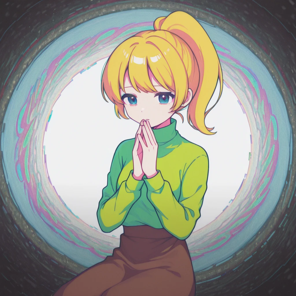 <lora:Glitch_Concept:1.4> k4, abstract, colorful, glitch, 1girl, solo, Hands in prayer position, BREAK, <lora:Poniko-ILL:1> poniko, 1girl, solo, ponytail, blonde hair, blue eyes, turtleneck, green shirt, long sleeves, brown skirt