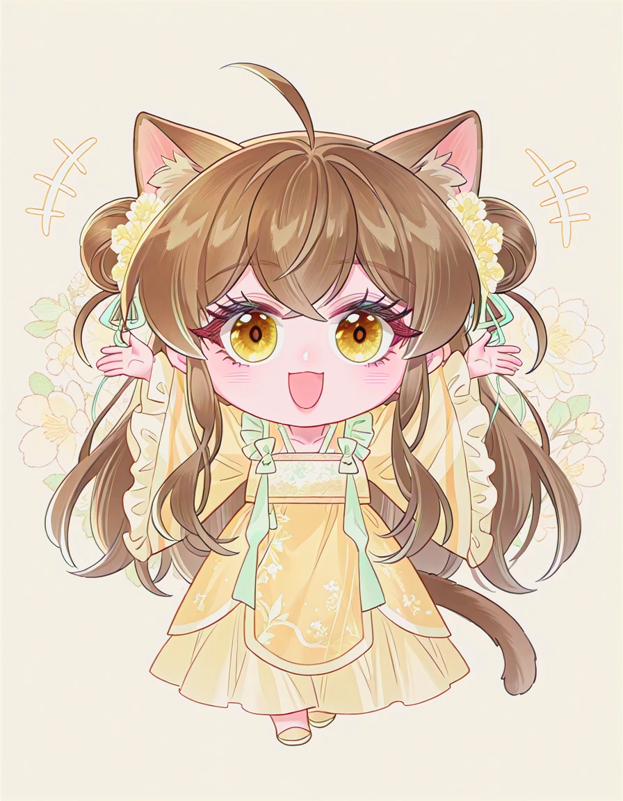 masterpiece, best quality, anime coloring, contorapposto, <lora:LECO_BadHands:1.5>, <lora:eyelashext_v10:0.6>, lipgloss, [photo background::0.5], blurry foreground BREAK 1girl, jiujiu, hair ornament, hair flower, double bun, yellow hanfu, embroidery, frill, wide sleeves, smile, open mouth, arms up, looking at viewer, happy, +++, cat girl, cat ears, cat tails, (chibi, deformed:1.5), simple background, yellow background, floral background, <lora:jiujiu-dim16-000019:1>