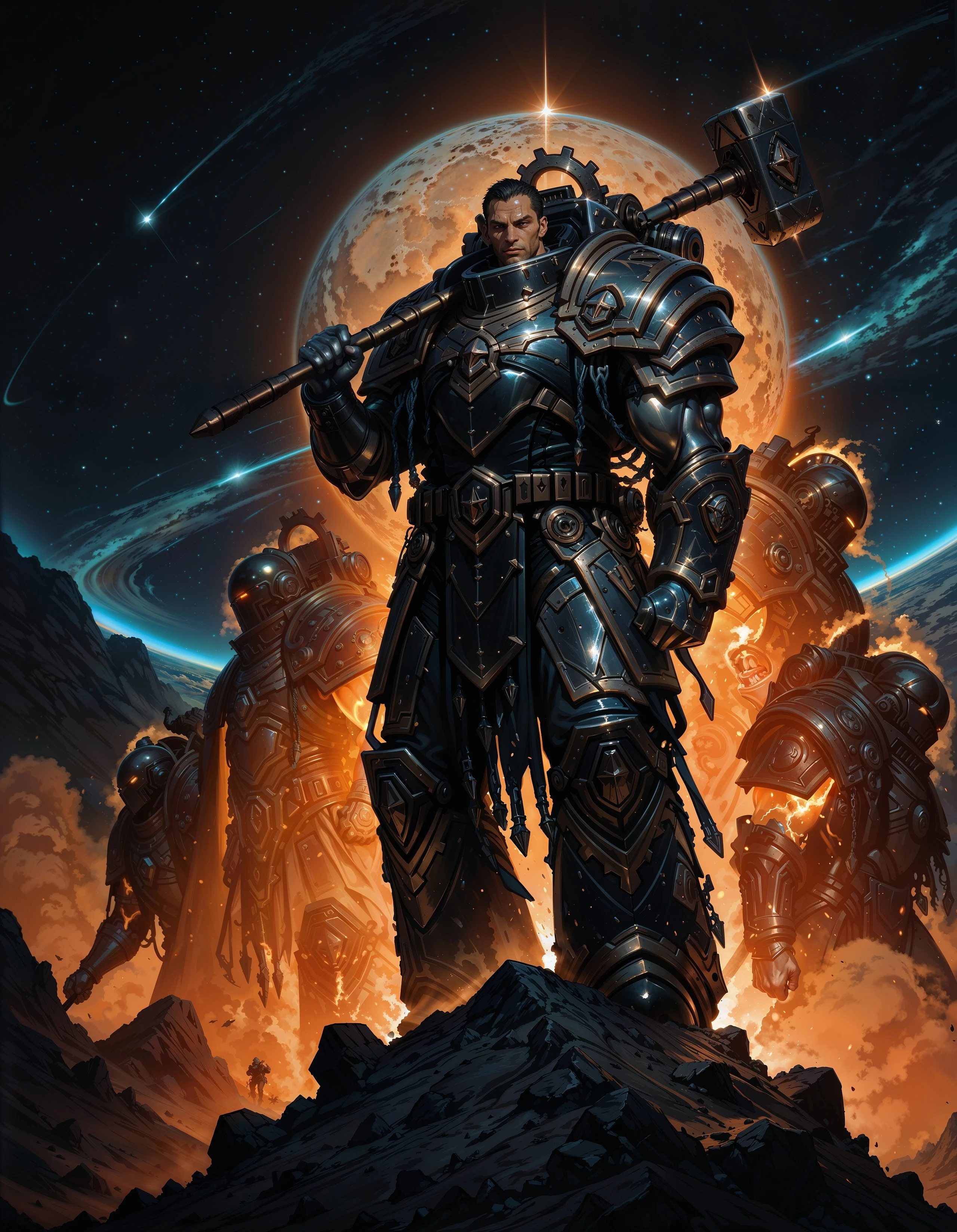masterpiece, best quality,high quality, newest, highres,8K,HDR,absurdres, iLLFerrusM40k, 1boy, metallic arms, armor, holding a hammer, on the moon, space, <lora:iLLFerrusM40k:1> <lora:iLLMythG0thicL1nes:0.8> G0thicL1nes