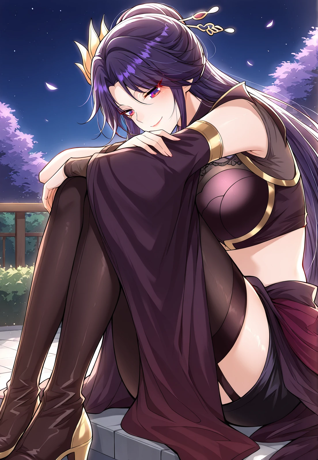 Chevreuse from Genshin Impact, cute sexy girl with long purple hair, eye patch, sexy, erotic, thick ass, naked girl only in black tights
