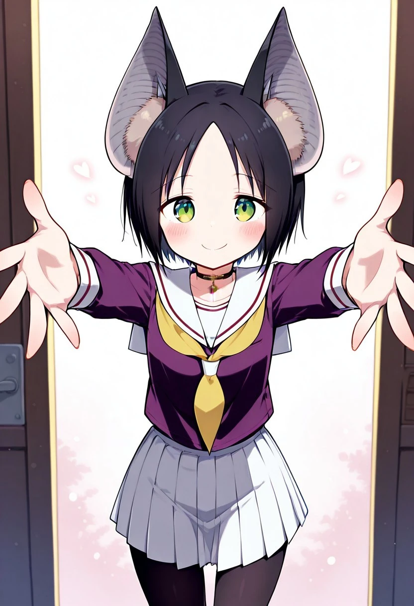 smasterpiece, best quality, amazing quality,, Score 9, Score 8, Score 7, Score 6, Score 5, Score 4, 1 girl, solo, original anime, Chii Suimori, bat girl, short hair, black hair, bat ears, fluff on ears, flat chest(green eyes: 1.1),
 skirt, school uniform, pleated skirt, serafuku, white skirt, shirt, purple shirt, sailor collar, white sailor collar, long sleeves, handkerchief, yellow handkerchief, long pantyhose, black pantyhose, choker with cross,
<lora:incoming-hug-illustriousxl-lora-nochekaiser:1>, incoming hug, looking at viewer, reaching, reacing towards viewer, outstretched arms, smile, blush, cowboy shot,, , ,