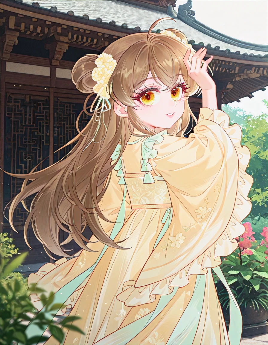 masterpiece, best quality, anime coloring, contorapposto, <lora:LECO_BadHands:1.5>, <lora:eyelashext_v10:0.6>, <lora:thick_eyelashes_illustrious_20K-000017:0.4>, thick eyelashes, lipgloss, [photo background::0.5], blurry foreground BREAK 1girl, jiujiu, hair ornament, hair flower, double bun, yellow hanfu, embroidery, frill, wide sleeves, smile, parted lips, facing to the side, looking at viewer, sideways glance, cowboy shot, hand up, arm up, dancing, east asian architecture, garden, <lora:jiujiu-dim16-000019:1>