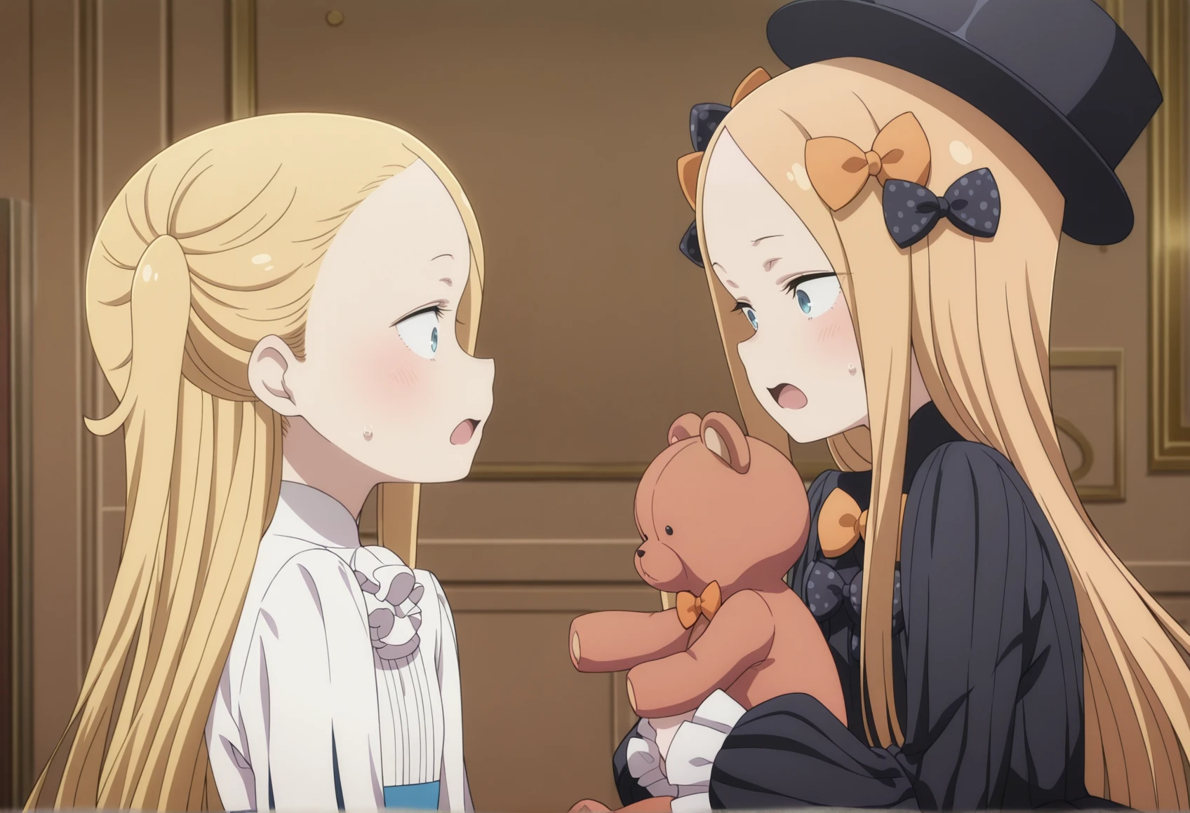 2girls, anime coloring, anime screencap, indoors, surprised, shocked, looking at another, 1girl, blonde hair, aqua eyes, long hair, side ponytail, single sidelock, forehead, white blouse, blue skirt, bridal gauntlets, looking at another, from side<lora:Mary_princess_principal:1>
BREAK
2girls, anime coloring, anime screencap, indoors, surprised, shocked, looking at another, 1girl, blonde hair, long hair, blue eyes, forehead, sidelocks, parted bangs, hair bow, polka dot bow, orange bow, black dress, long sleeves, looking at another, sleeves past wrists, bloomers, hat, holding teddy bear, from side <lora:Abby_Illus:1>, masterpiece, best quality, amazing quality, very aesthetic, absurdres, highres, newest