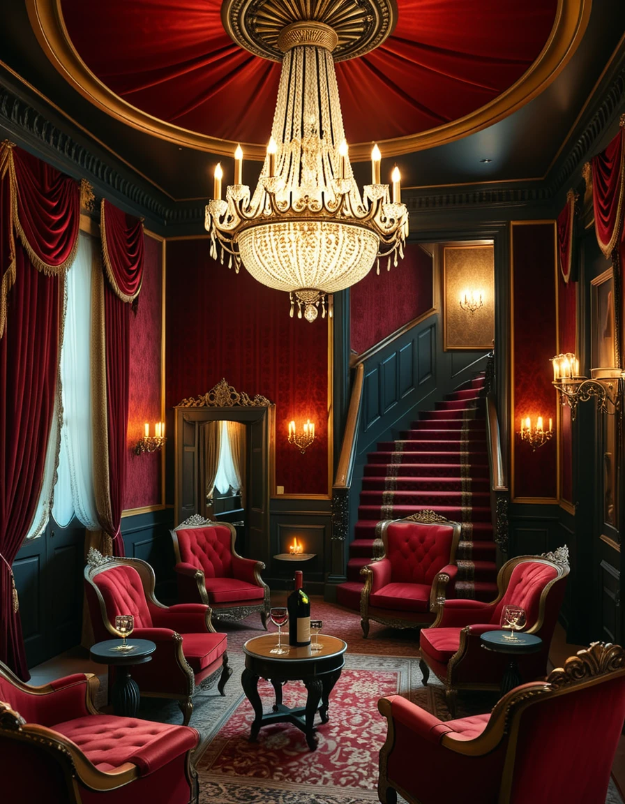 The interior of a luxurious vintage brothel, styled in late 19th-century decor with deep red velvet drapes, gold-trimmed wallpaper, and ornate wooden furniture. A large crystal chandelier hangs from the ceiling, casting warm, dim light over the plush surroundings. The air is filled with the scent of incense and old perfume. Velvet chaise lounges and antique armchairs are arranged around a central sitting area, with small side tables holding glasses of wine and flickering candles. A grand staircase with carved banisters leads to private rooms upstairs, their doors slightly ajar and framed with silk curtains. The mood is opulent, decadent, and intimate â a mix of elegance and secrecy in a space designed for seduction and luxury.The interior of a luxurious vintage brothel, styled in late 19th-century decor with deep red velvet drapes, gold-trimmed wallpaper, and ornate wooden furniture. A large crystal chandelier hangs from the ceiling, casting warm, dim light over the plush surroundings. The air is filled with the scent of incense and old perfume. Velvet chaise lounges and antique armchairs are arranged around a central sitting area, with small side tables holding glasses of wine and flickering candles. A grand staircase with carved banisters leads to private rooms upstairs, their doors slightly ajar and framed with silk curtains. The mood is opulent, decadent, and intimate â a mix of elegance and secrecy in a space designed for seduction and luxury.
<lora:vintage_br0th3l:1>vintage br0th3l, Masterpiece,best quality,hi res,8k,hi res,8k,award winning,(sharp focus, intricate, highly detailed),
