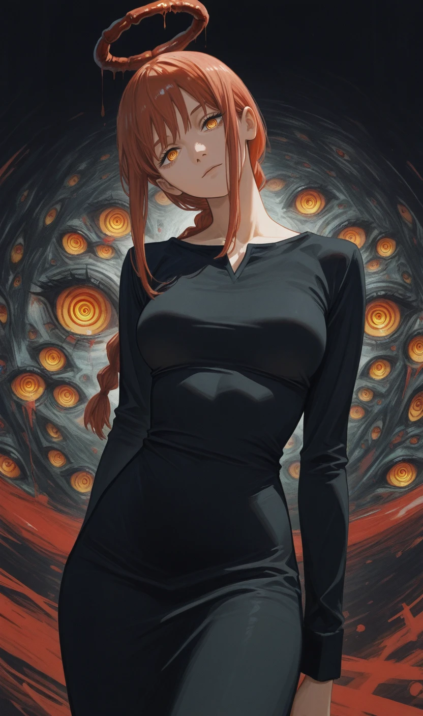 masterpiece,best quality, solo,<lora:Makima:0.7>, makima, makima \(chainsaw man\), red hair, yellow eyes, ringed eyes, black dress, blood halo, cowboy shot, painterly, impressionism, abstract art, looking at viewer, head tilt,