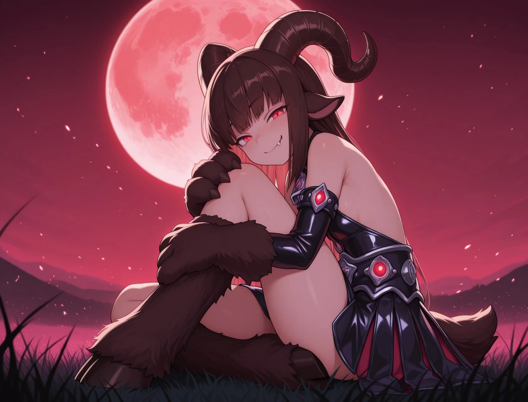 masterpiece, best quality, amazing quality, perfect face, solo, 1girl, red eyes, Baphomet, segmented horns, animal-ears_side, horn-direction_back, brown hair, animal hands, animal tail, leg-fur_kneehigh, hooves, elaborate clothing, fang, sitting, one knee to chest, sitting in field, [dark grass, black treeline, red sky, red moon], looking at viewer, glowing pink particles<lora:MGE_V6_0_final:1.0>