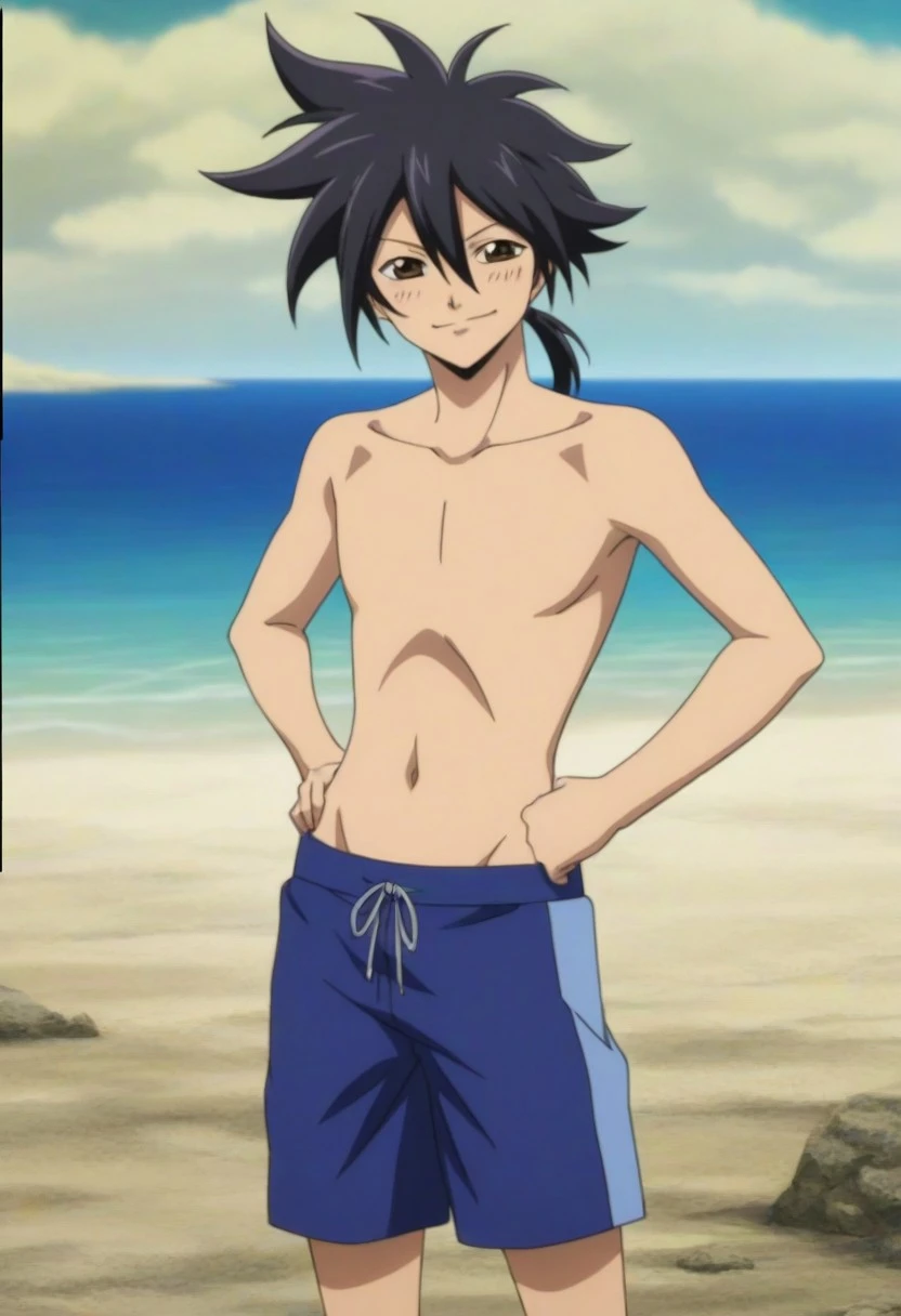 1 boy, men's Suguru Geto season 1, beach, topless, swimming trunks, Honeymoon, looking straight into the camera, smile, happiness