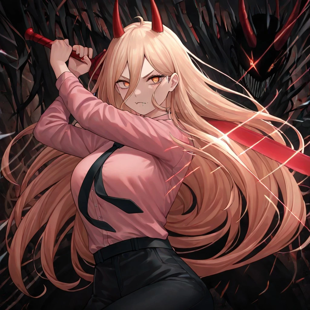 masterpiece, best quality, newest, absurdres, highres, 
INCSV1.0, incoming attack, holding sword, sword, holding weapon, holding, weapon,
1girl, power \(chainsaw_man\), demon horns, long hair, blonde hair, very long hair, red horns, black necktie, horns, cross-shaped pupils, shirt,