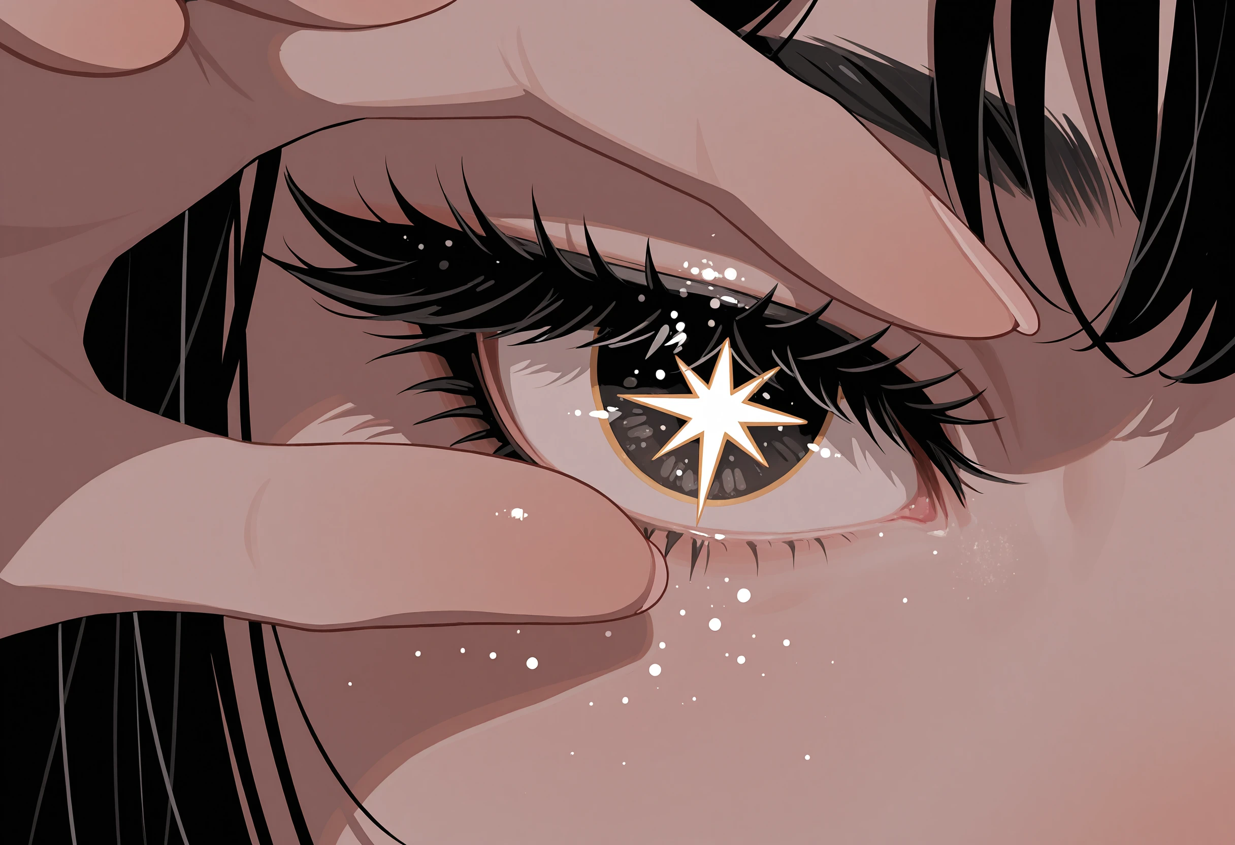 masterpiece, best quality, very aesthetic, absurdres, newest, no lineart, [realistic::0.25],
1girl, close-up, from above, flat color, star-shaped pupils, upper body, hand frame, eye focus, black hair, thick eyelashes, sparkle, glitter makeup,
