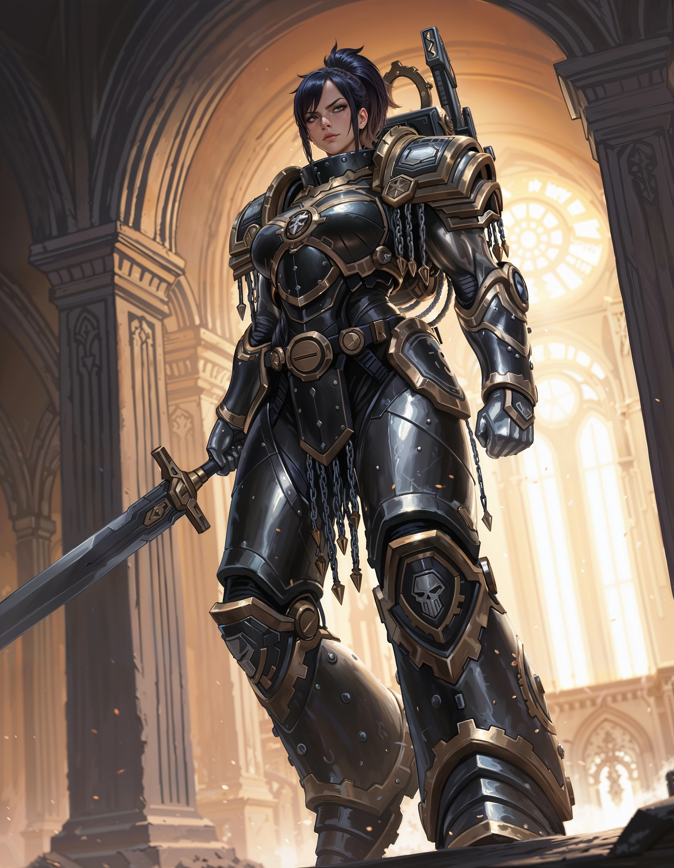 masterpiece, best quality,high quality, newest, highres,8K,HDR,absurdres, dynamic angle, realistic, 1girl, iLLFerrusM40k, solo, metallic arms, power armor, determined eyes, holding a sword, in a palace <lora:iLLFerrusM40k:1>