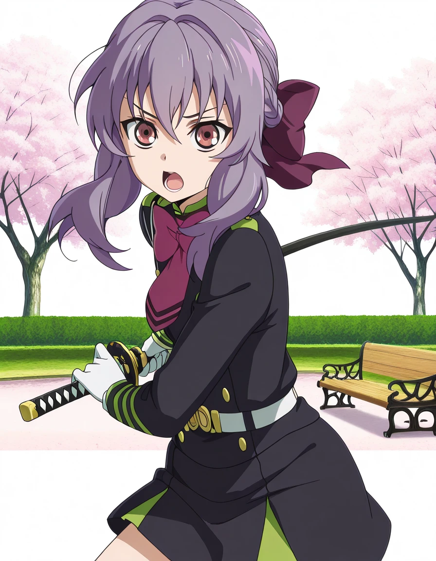 masterpiece, best quality, amazing quality,, <lora:shinoa-hiiragi-s2-illustriousxl-lora-nochekaiser:1>, shinoa hiiragi, hiiragi shinoa, long hair, bow, brown eyes, purple hair, hair bow, anime screencap, white gloves, uniform, military, military uniform,, <lora:battoujutsu-stance-illustriousxl-lora-nochekaiser:1>, battoujutsu stance, looking at viewer, holding, weapon, sword, holding weapon, holding sword, standing, katana, sheath, sheathed, fighting stance, ready to draw, park, cherry blossoms, bench, gentle breeze, peaceful, running, open mouth, cowboy shot, solo, looking at viewer, <lora:transparent-background-illustriousxl-lora-nochekaiser:1>, transparent background, simple background, white background